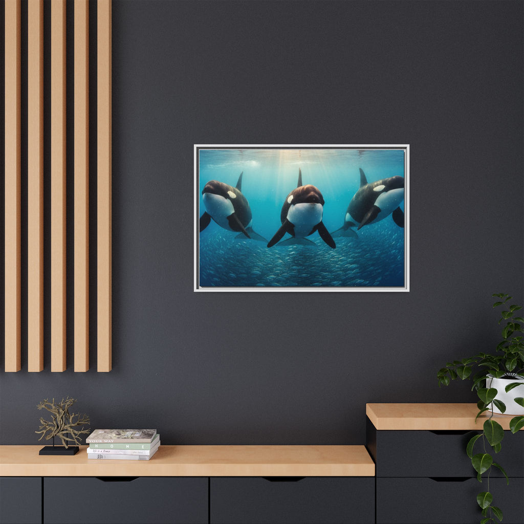 Framed Orca Canvas Print — Underwater Whale Pod Ocean Wall Art
