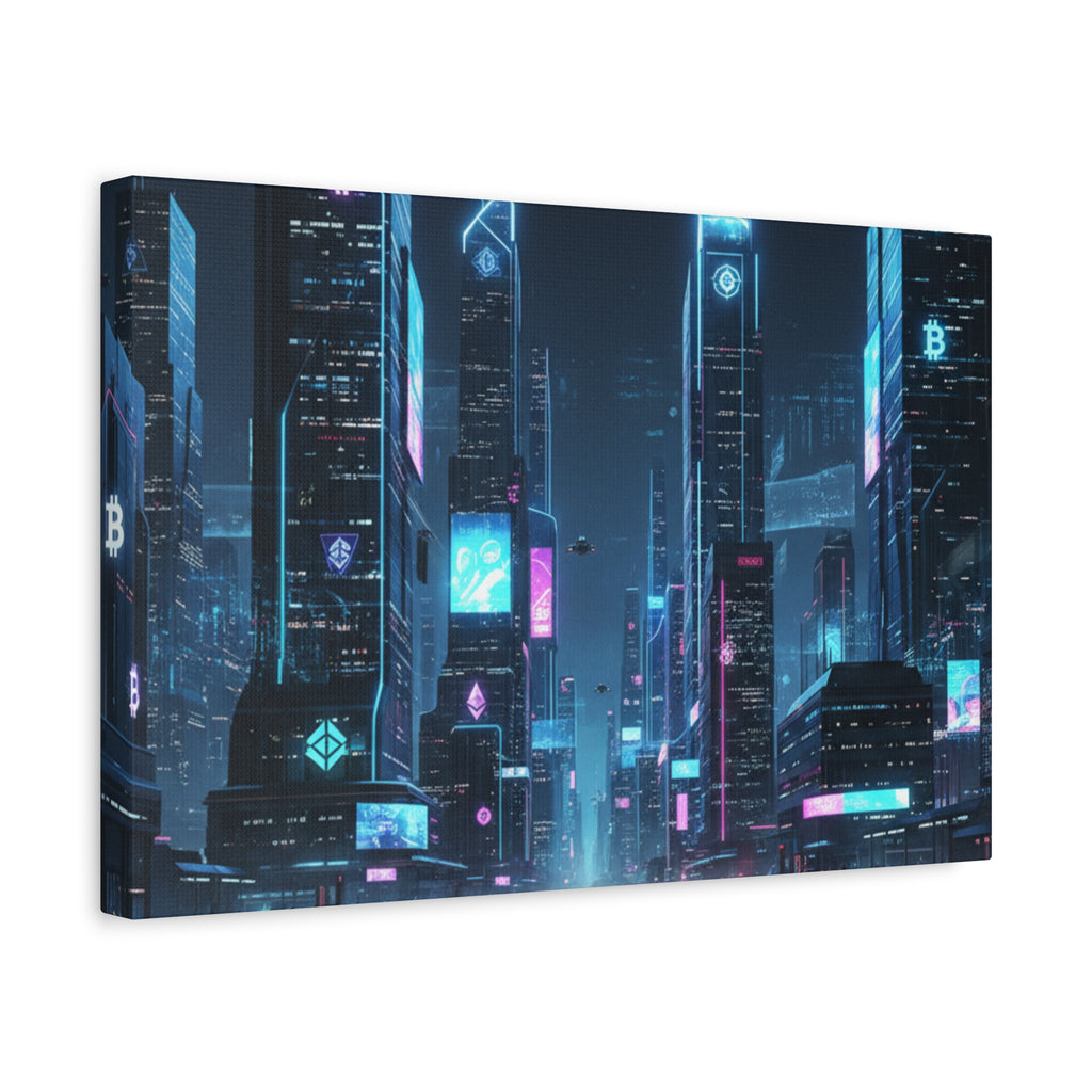 Cyberpunk Crypto Cityscape Canvas Print — Futuristic Neon Skyline Wall Art