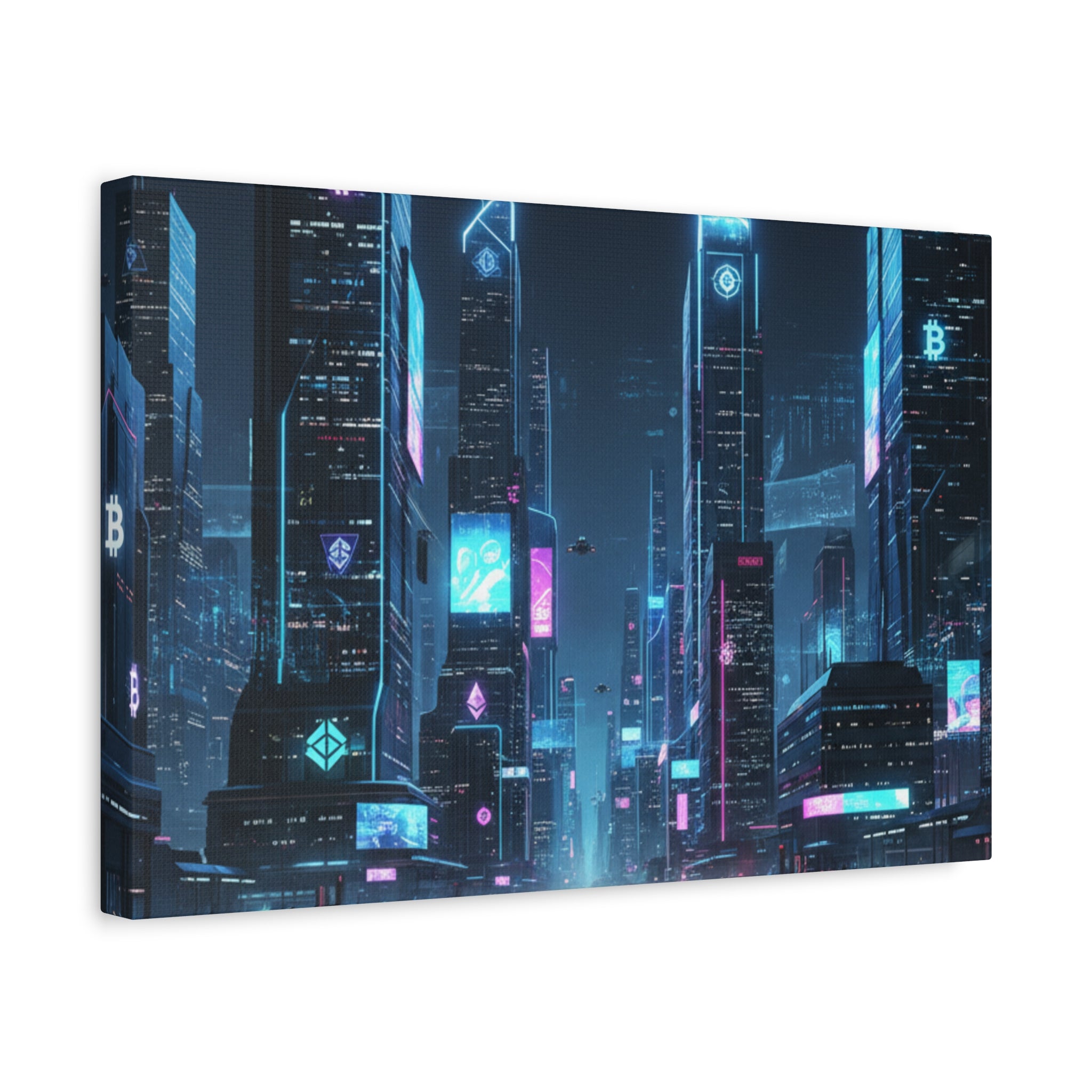 Cyberpunk Crypto Cityscape Canvas Print — Futuristic Neon Skyline Wall Art