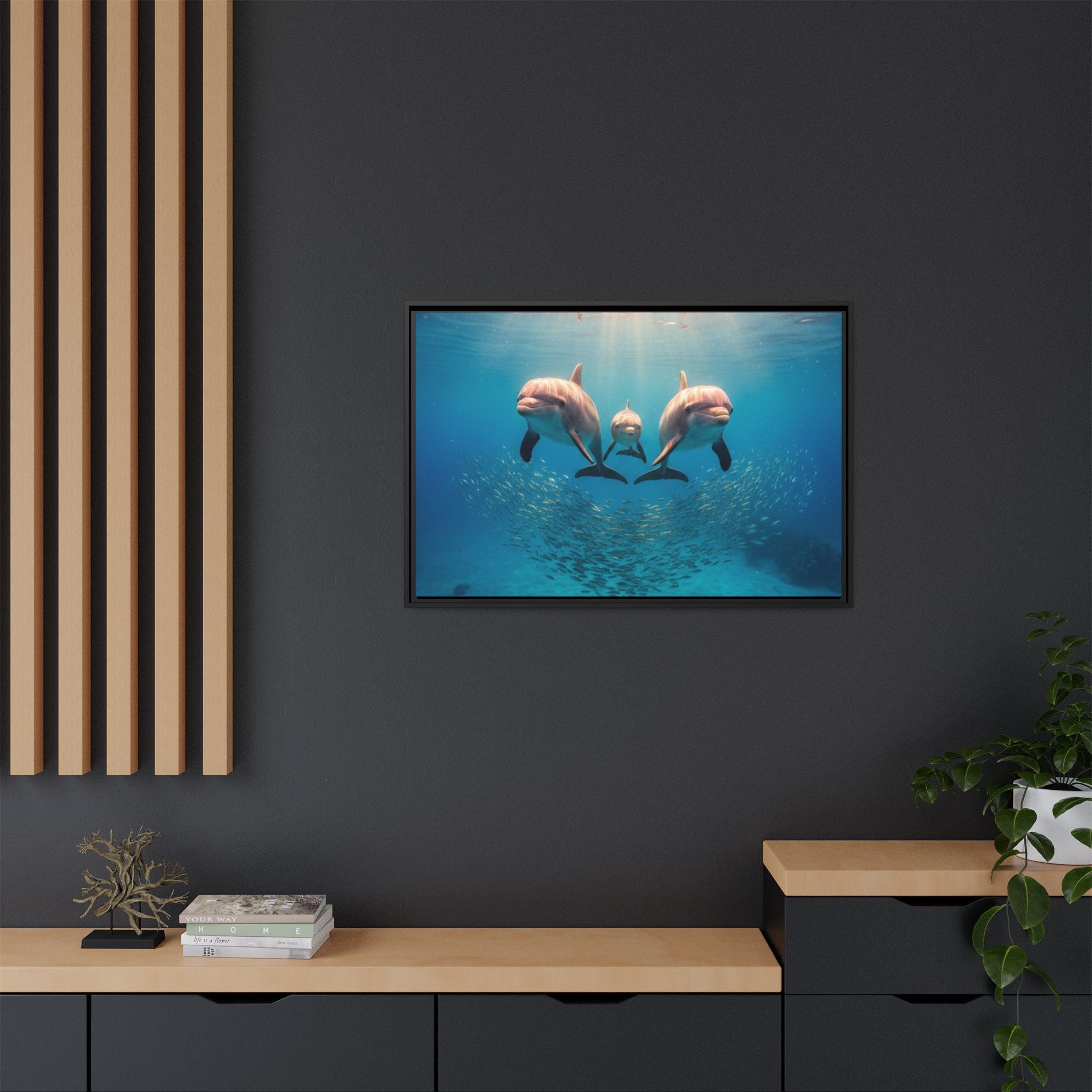 Framed Dolphin Canvas Print — Matte Ocean Wall Art