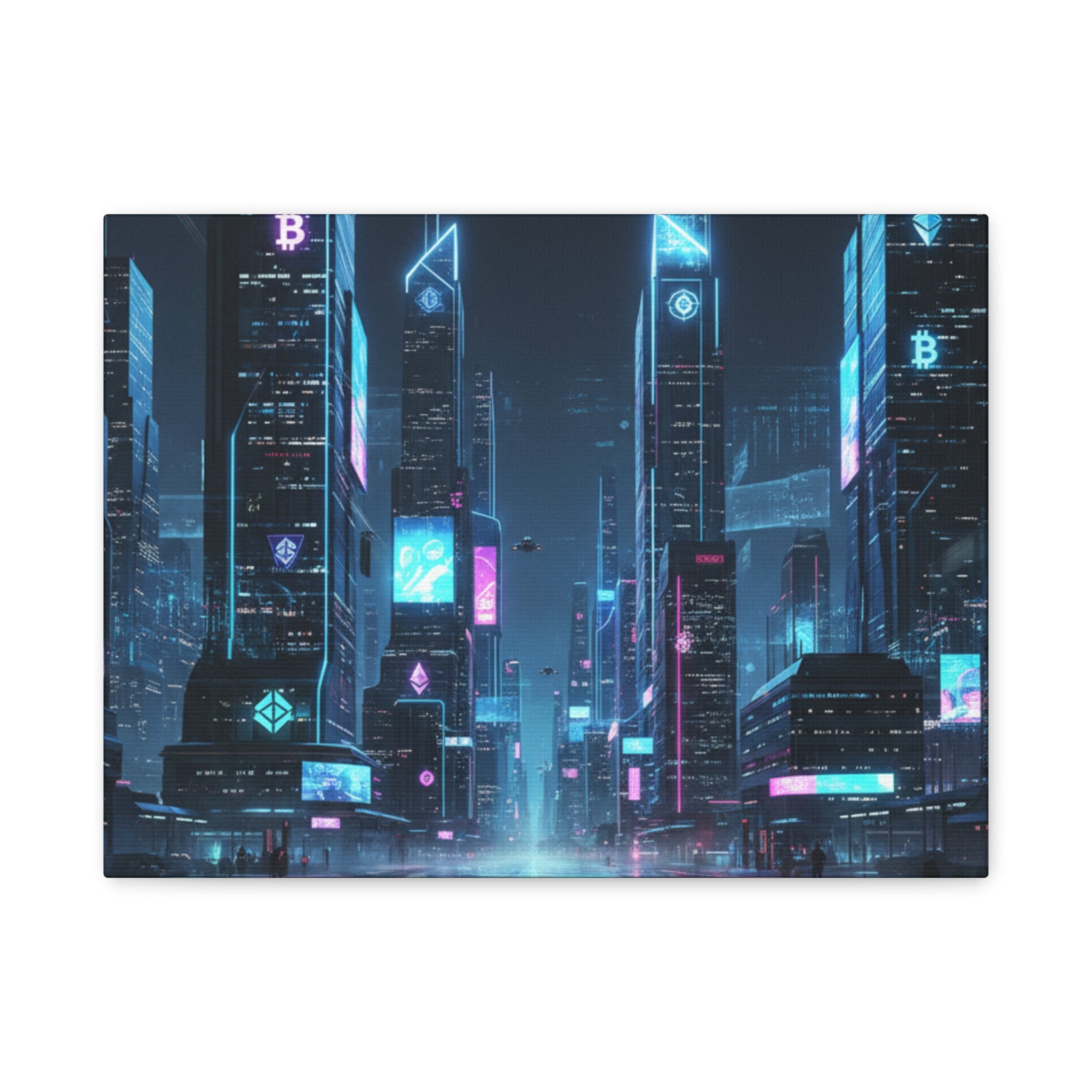 Cyberpunk Crypto Cityscape Canvas Print — Futuristic Neon Skyline Wall Art