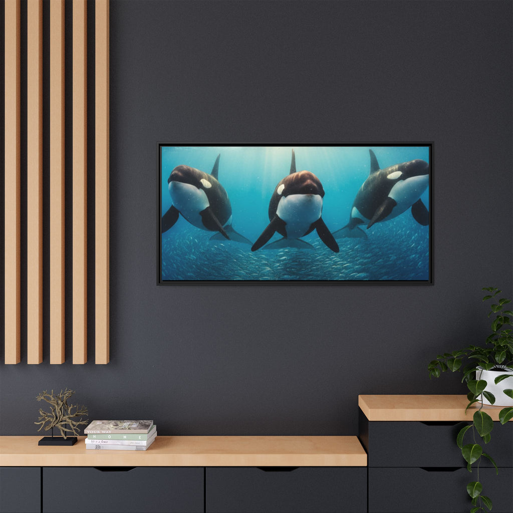 Framed Orca Canvas Print — Underwater Whale Pod Ocean Wall Art