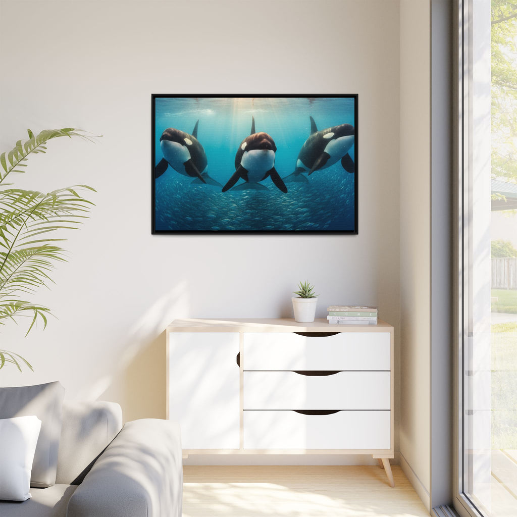 Framed Orca Canvas Print — Underwater Whale Pod Ocean Wall Art