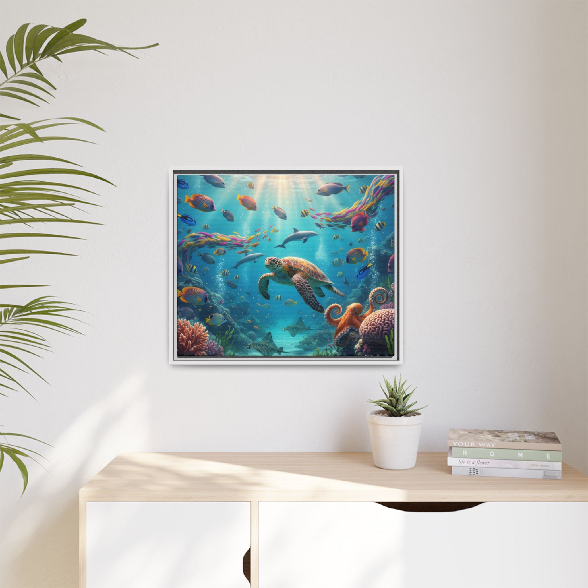 Framed Ocean Life Canvas — Colorful Sea Turtle Wall Art