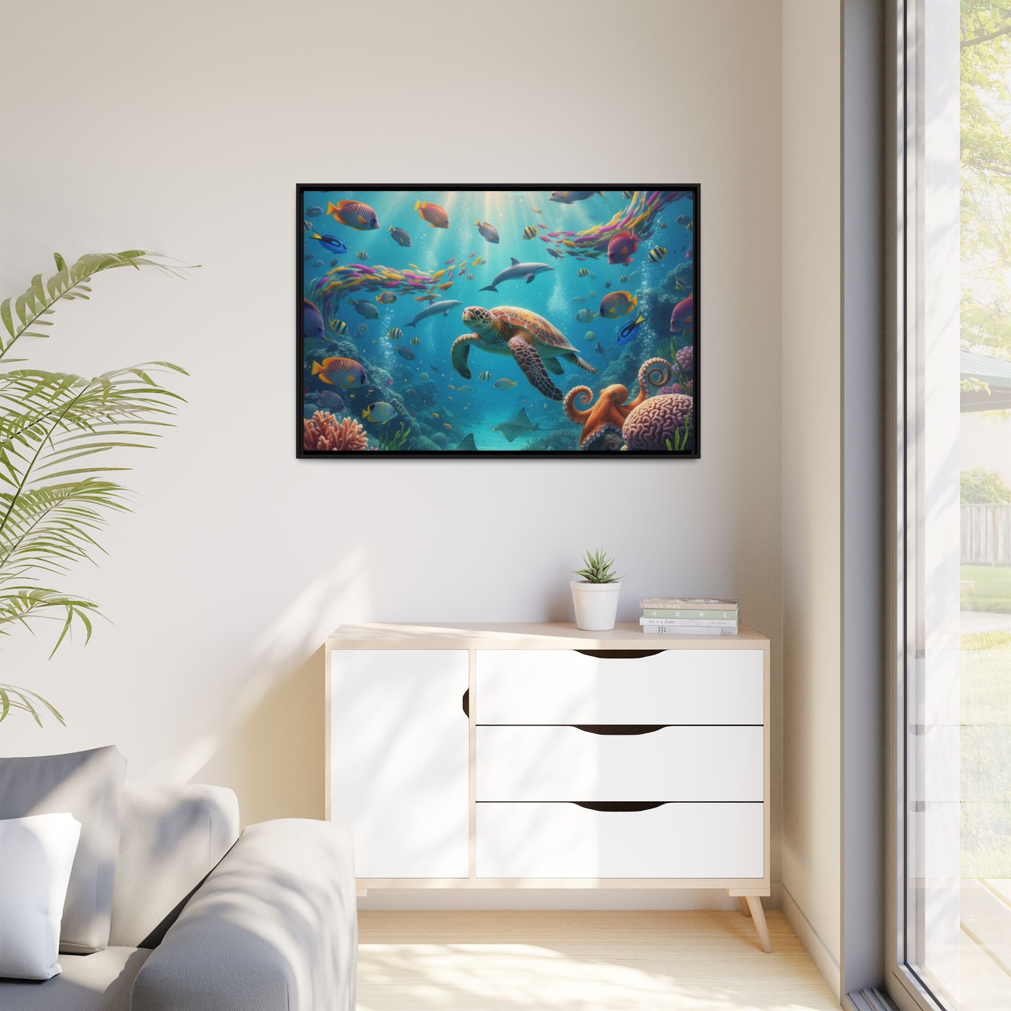 Framed Ocean Life Canvas — Colorful Sea Turtle Wall Art