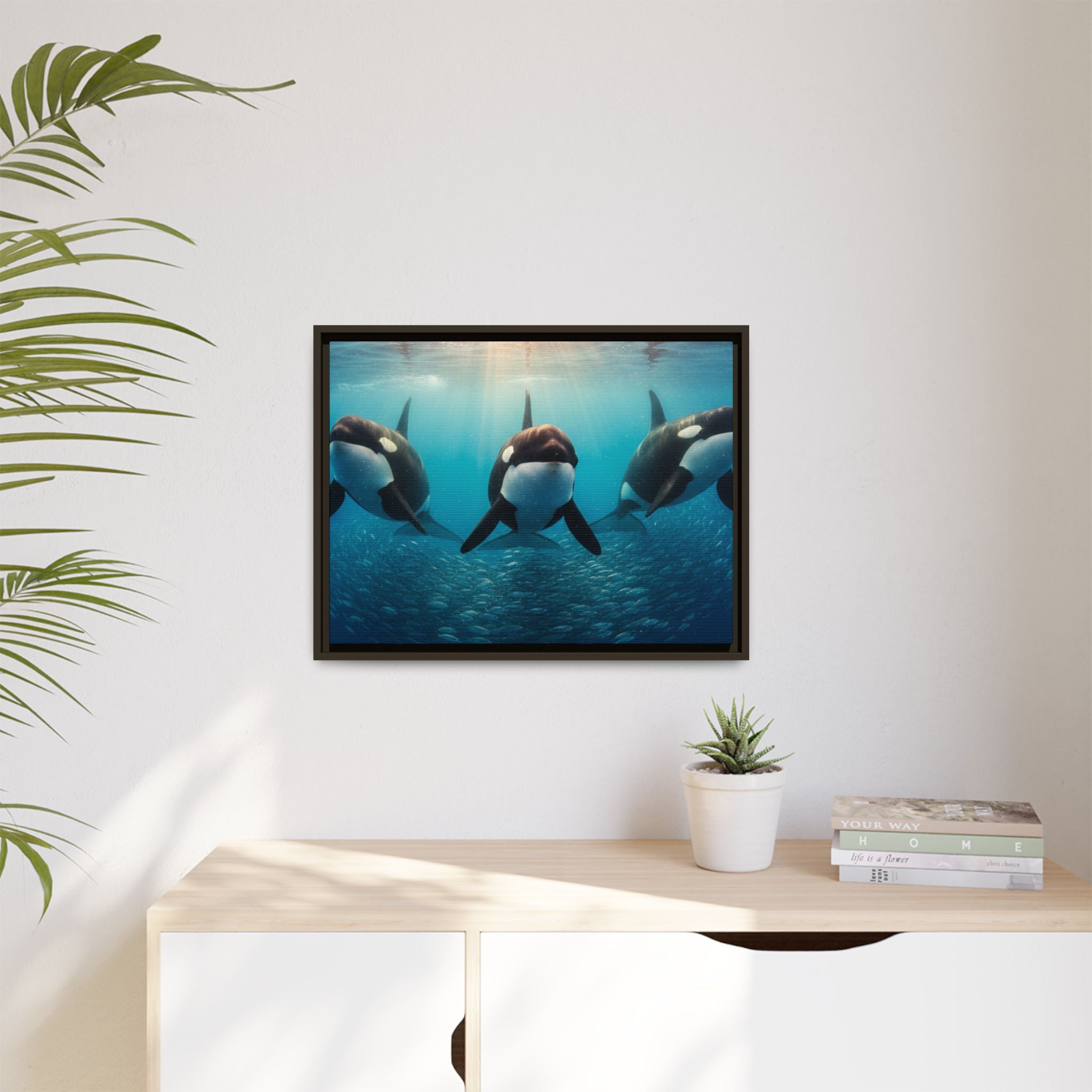 Framed Orca Canvas Print — Underwater Whale Pod Ocean Wall Art