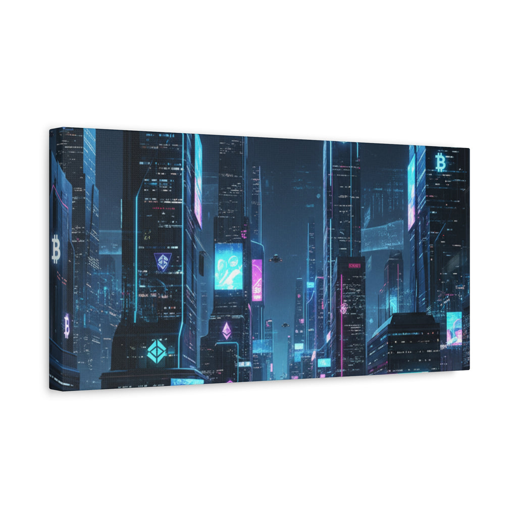 Cyberpunk Crypto Cityscape Canvas Print — Futuristic Neon Skyline Wall Art