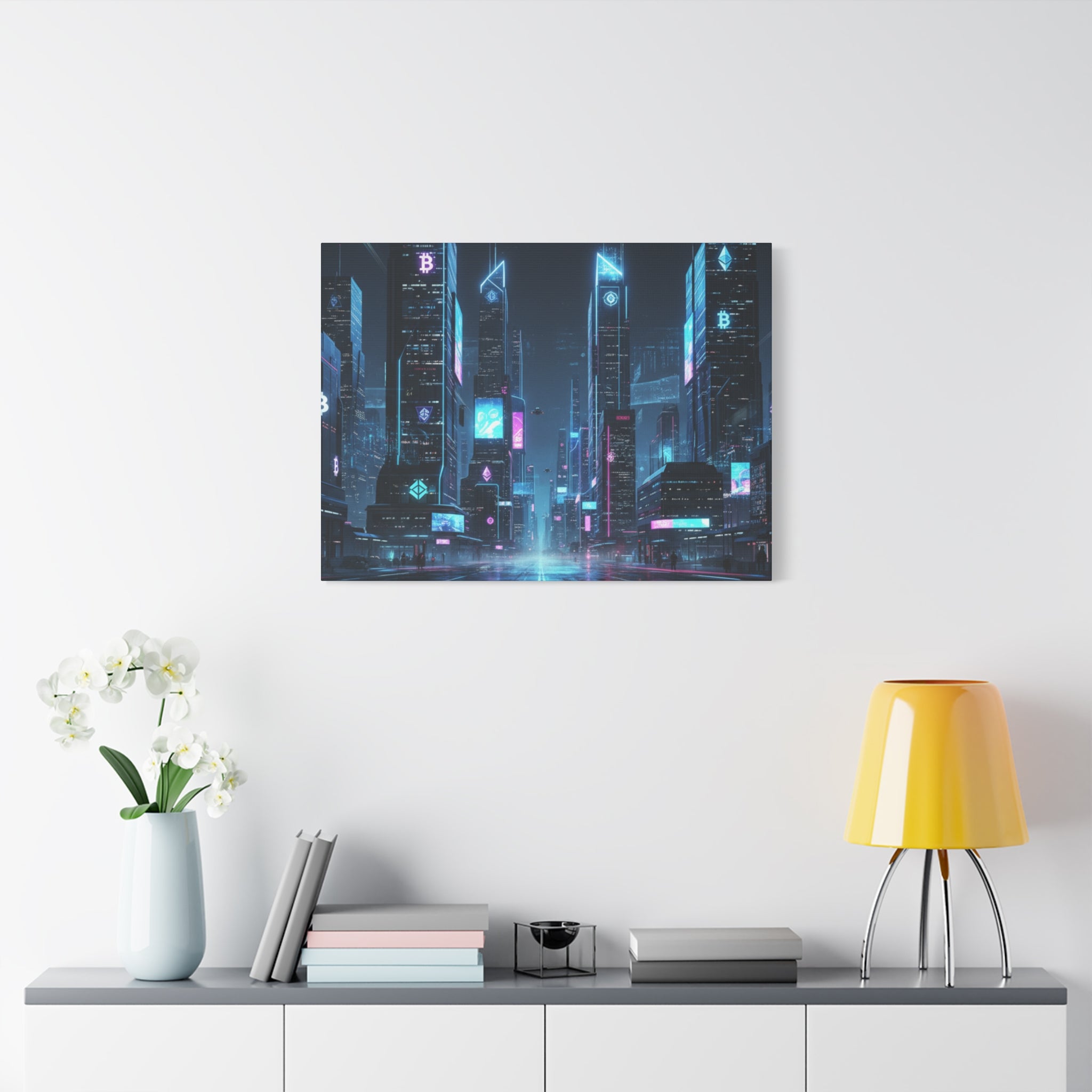 Cyberpunk Crypto Cityscape Canvas Print — Futuristic Neon Skyline Wall Art