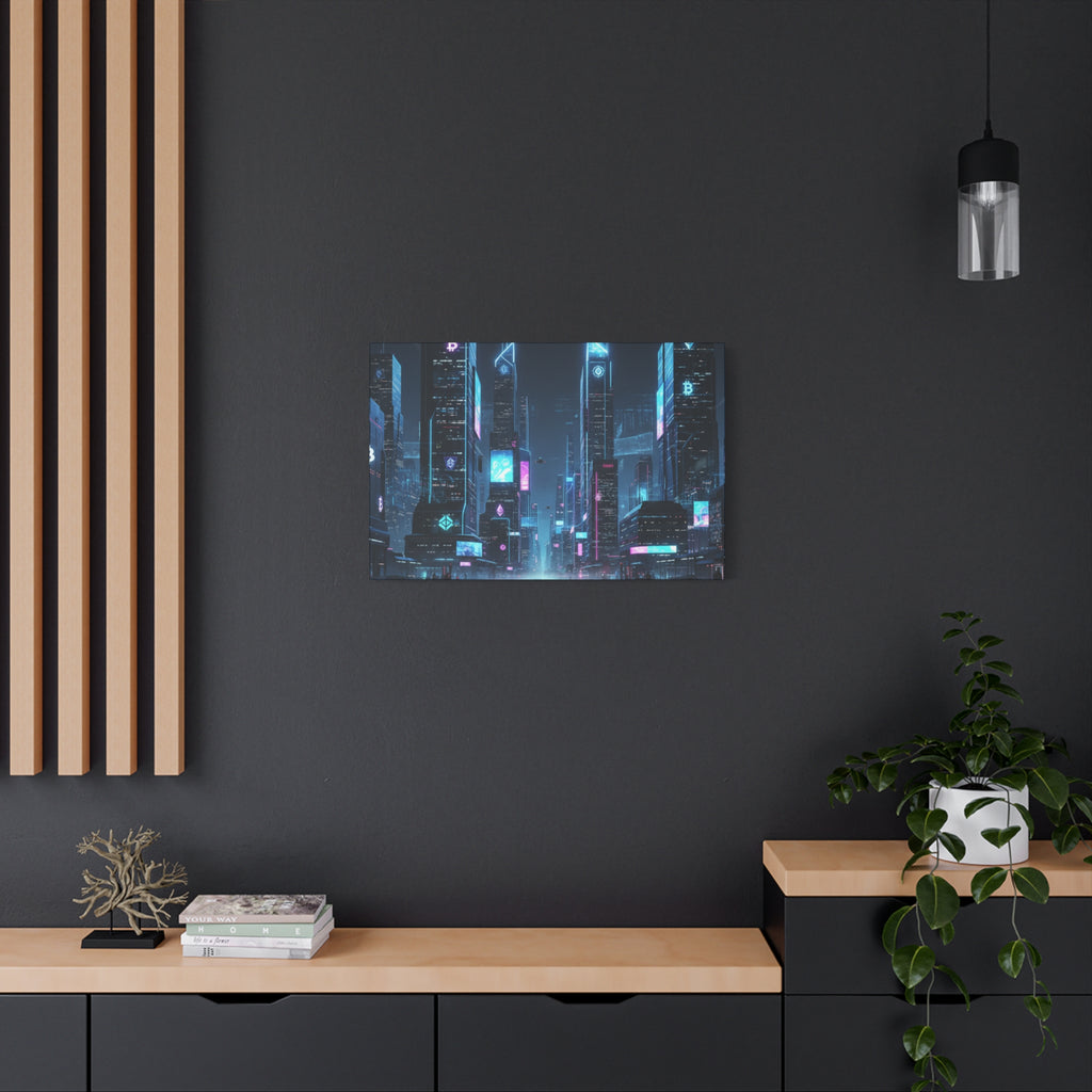 Cyberpunk Crypto Cityscape Canvas Print — Futuristic Neon Skyline Wall Art