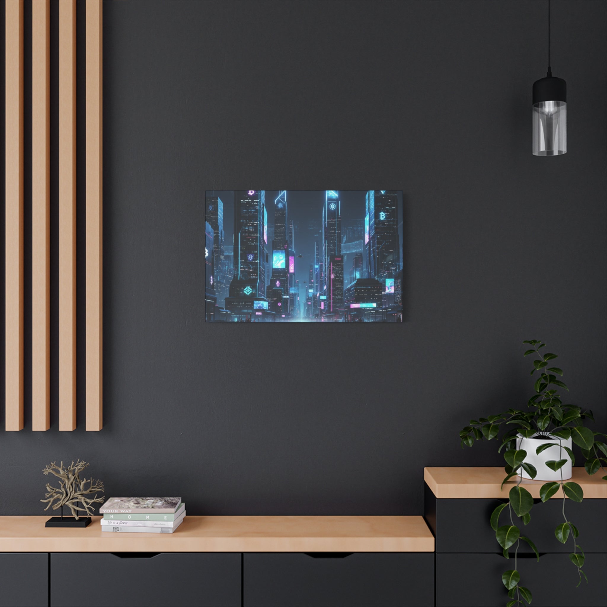 Cyberpunk Crypto Cityscape Canvas Print — Futuristic Neon Skyline Wall Art