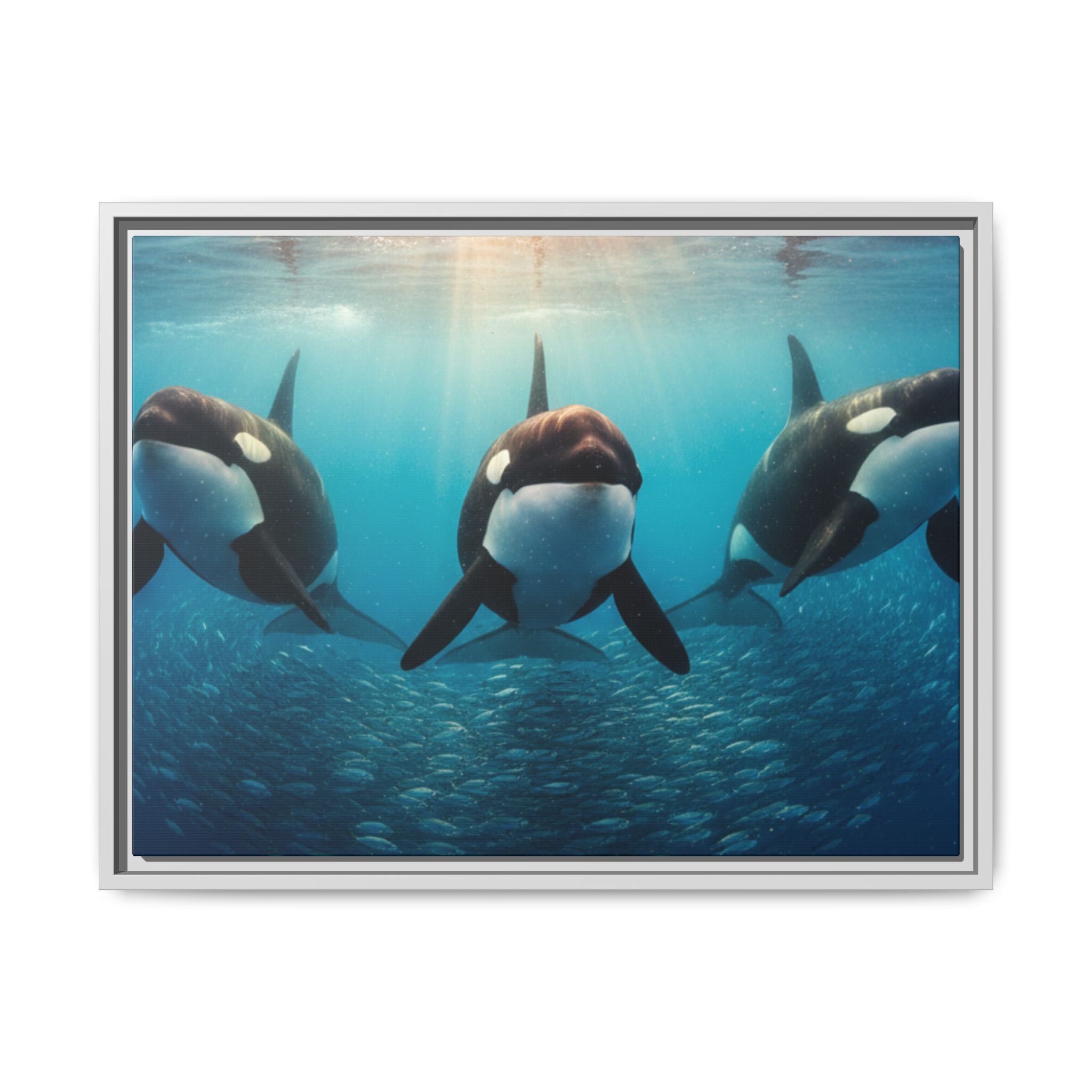 Framed Orca Canvas Print — Underwater Whale Pod Ocean Wall Art