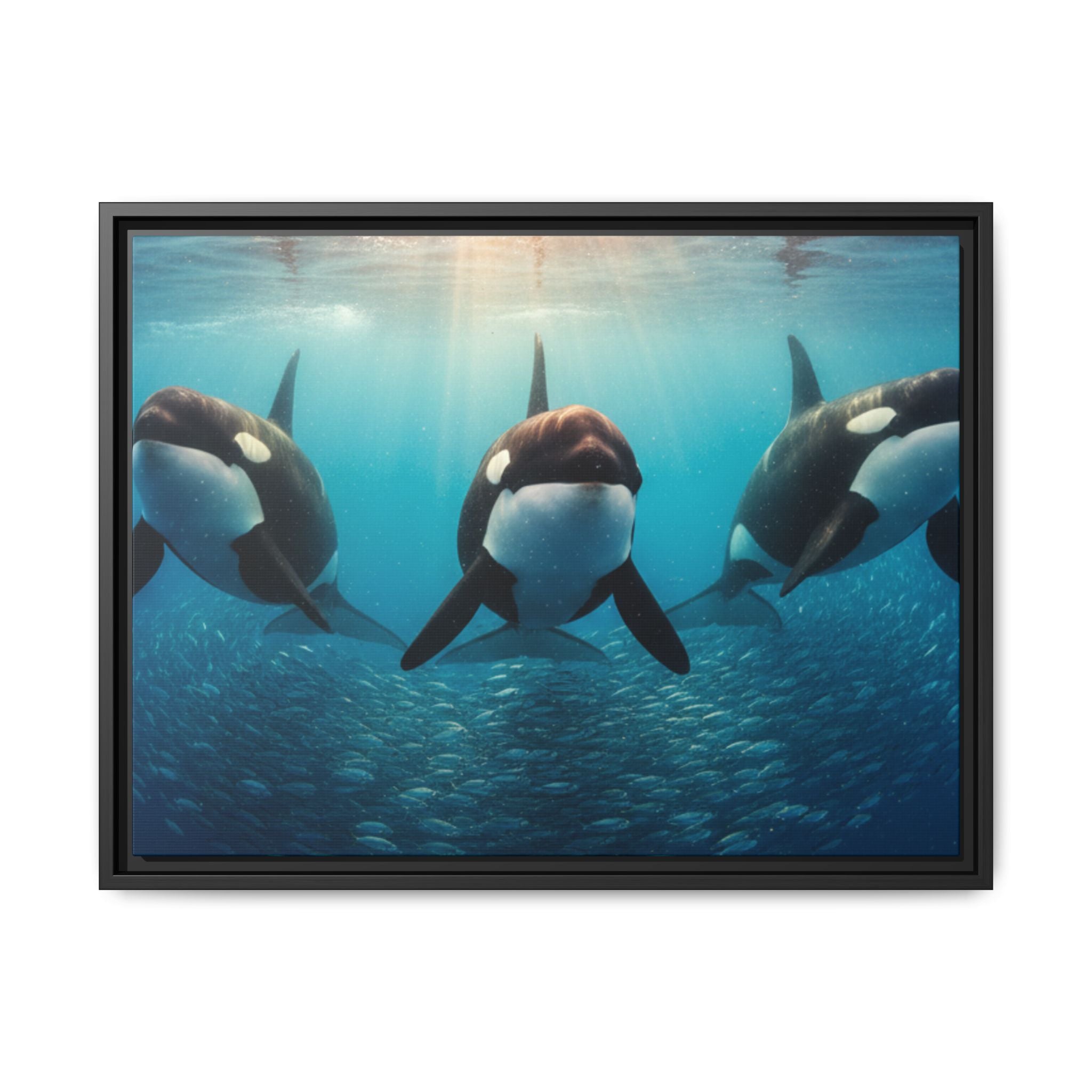 Framed Orca Canvas Print — Underwater Whale Pod Ocean Wall Art