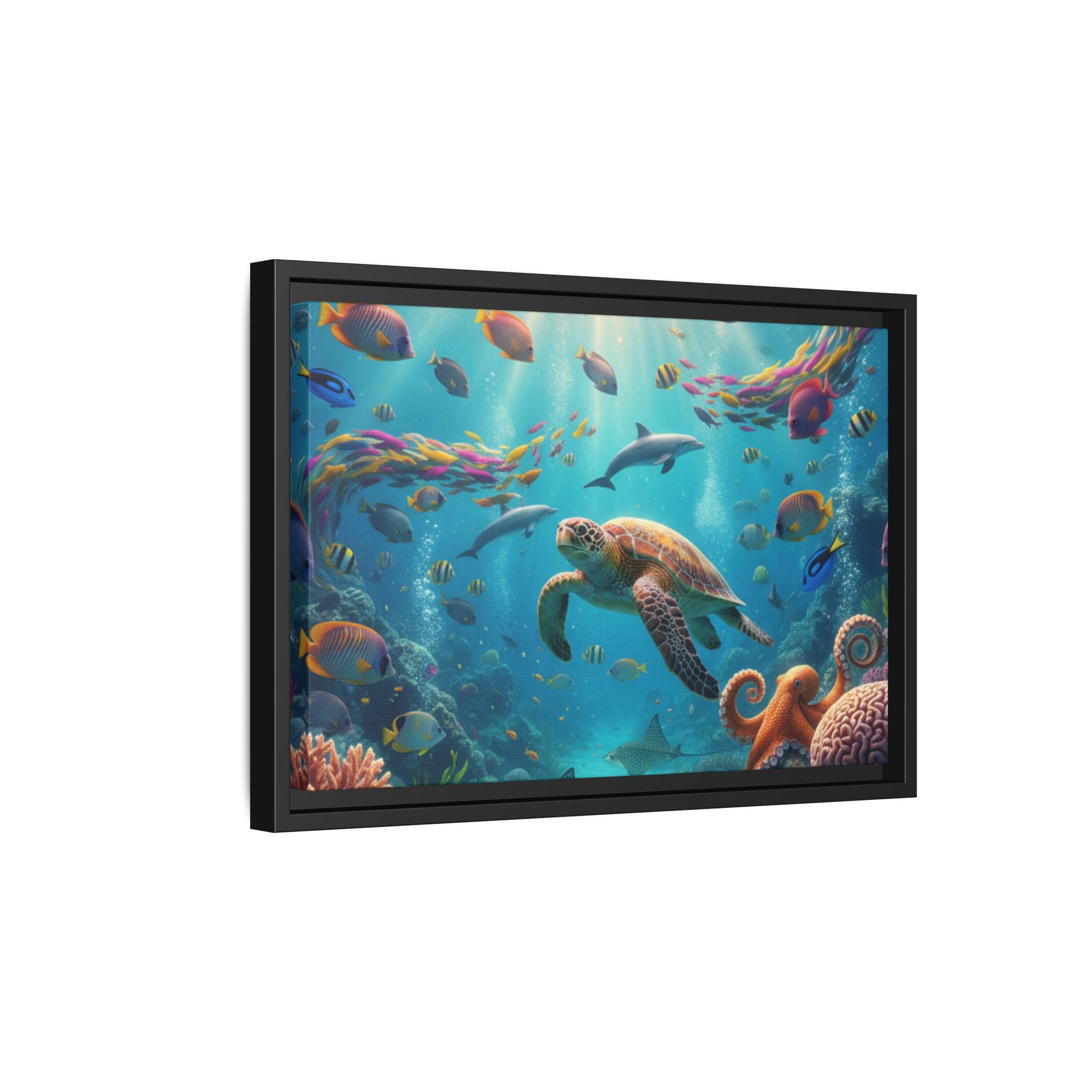 Framed Ocean Life Canvas — Colorful Sea Turtle Wall Art