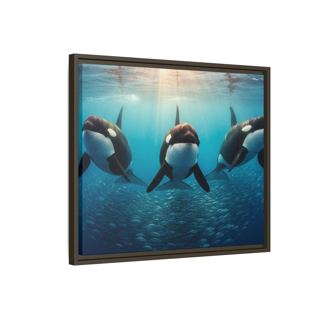 Framed Orca Canvas Print — Underwater Whale Pod Ocean Wall Art