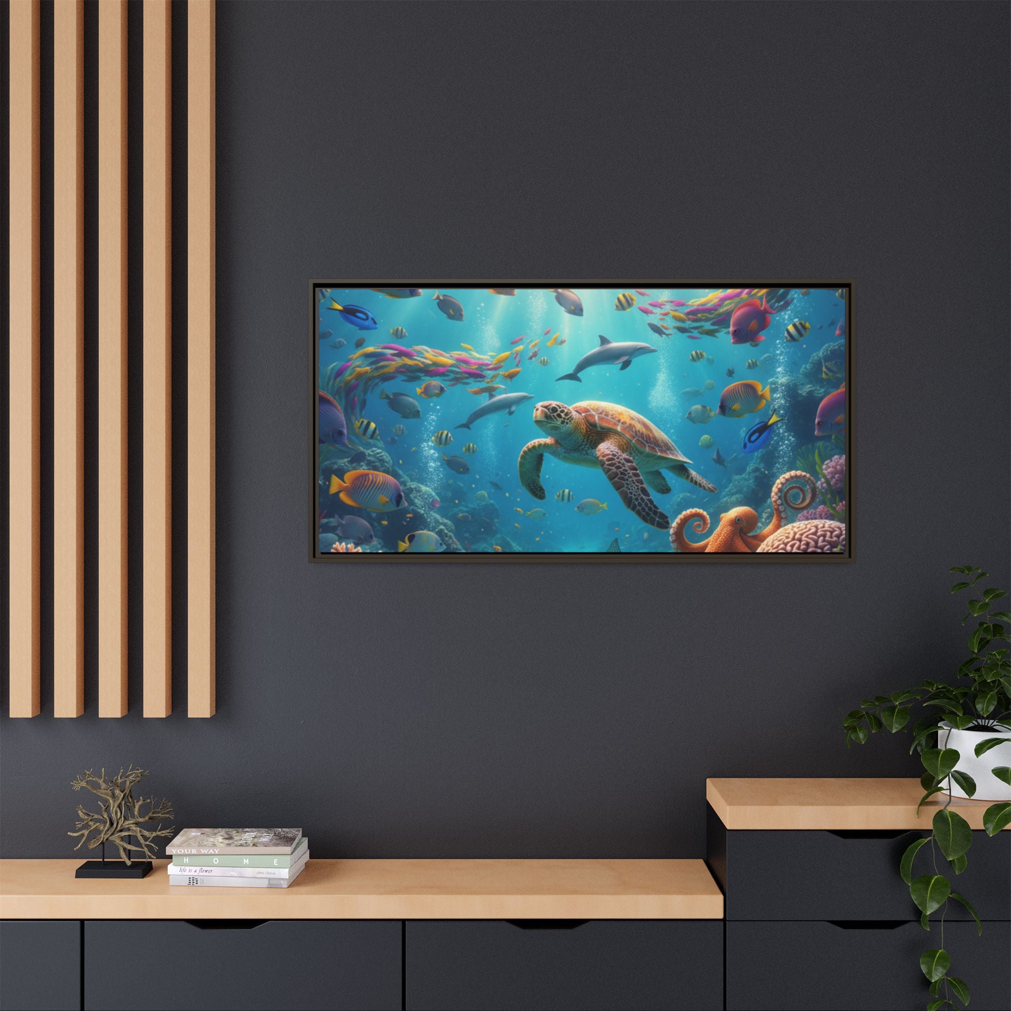 Framed Ocean Life Canvas — Colorful Sea Turtle Wall Art
