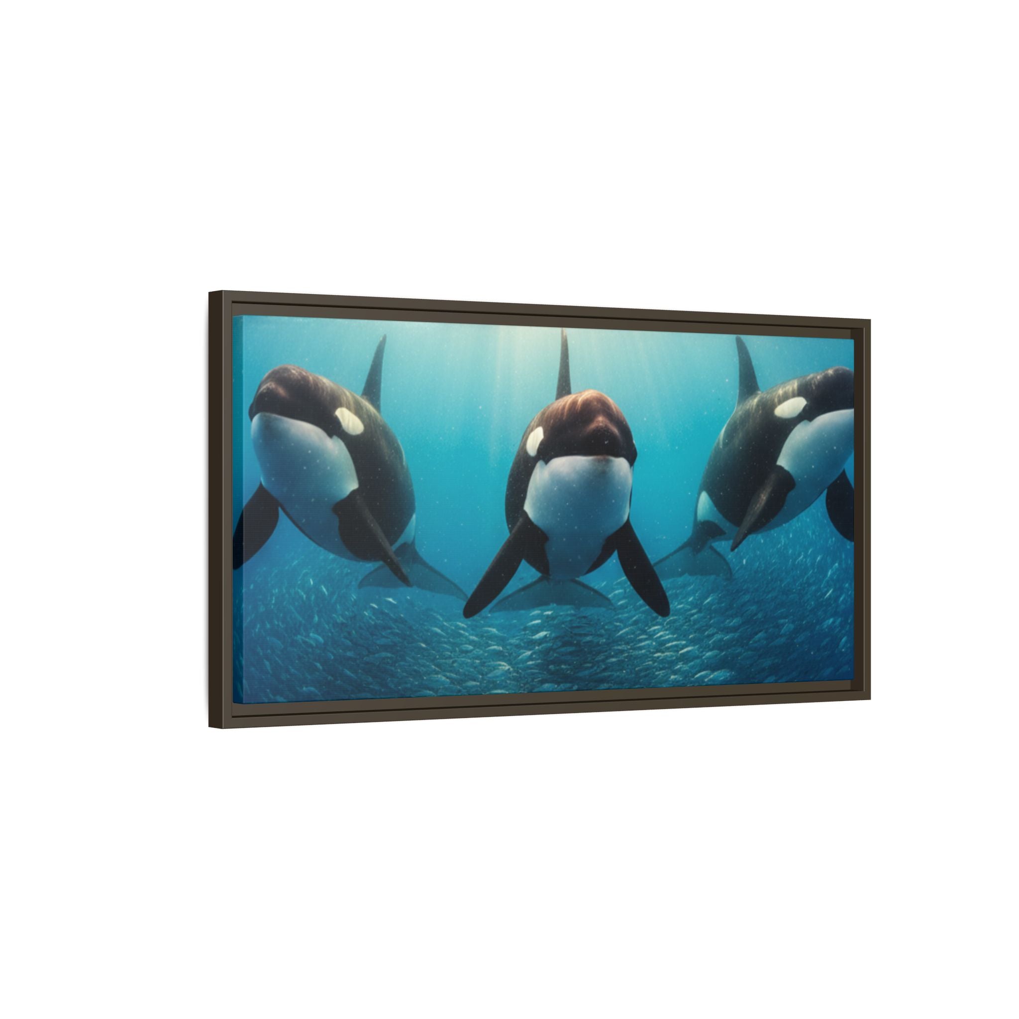 Framed Orca Canvas Print — Underwater Whale Pod Ocean Wall Art