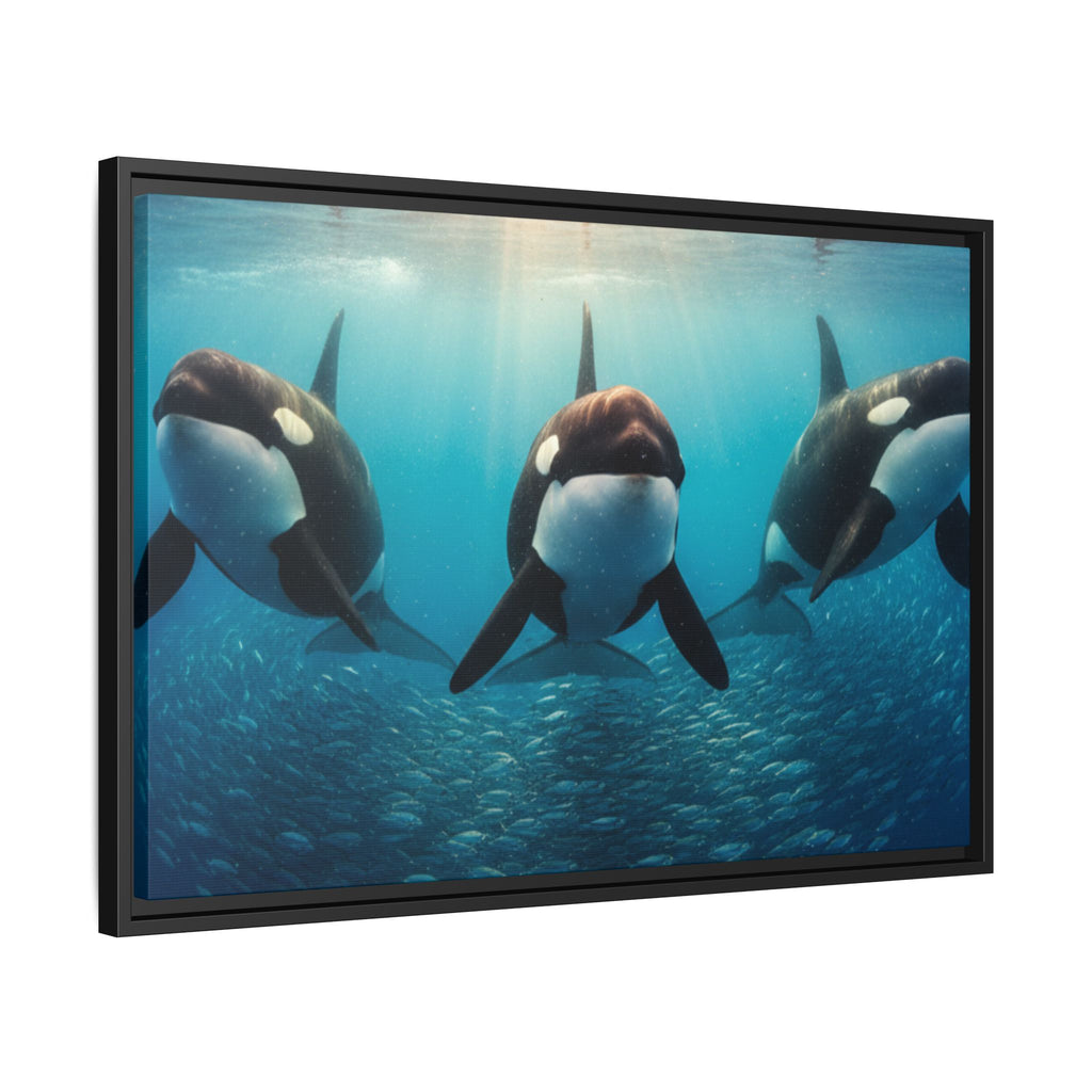 Framed Orca Canvas Print — Underwater Whale Pod Ocean Wall Art