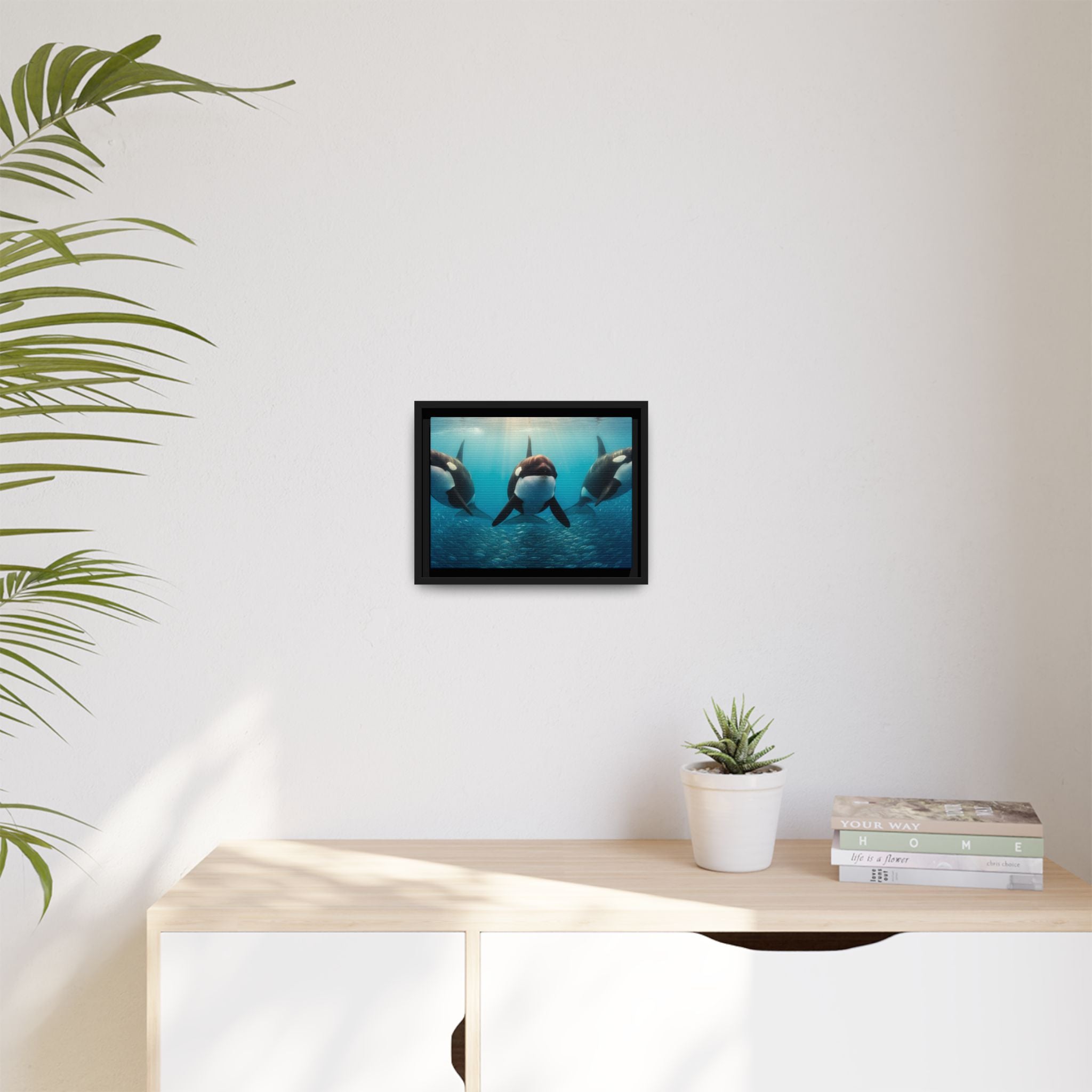 Framed Orca Canvas Print — Underwater Whale Pod Ocean Wall Art