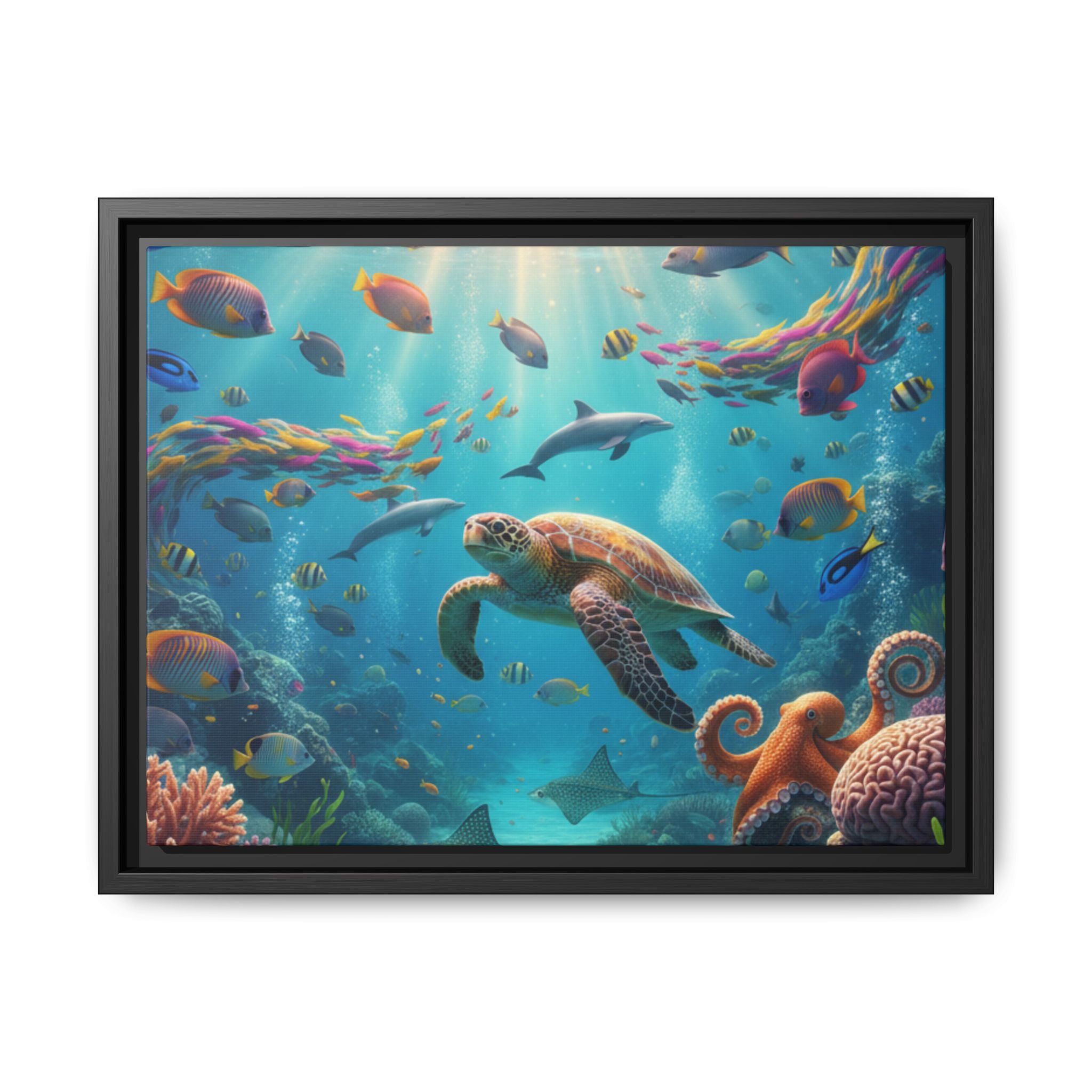 Framed Ocean Life Canvas — Colorful Sea Turtle Wall Art