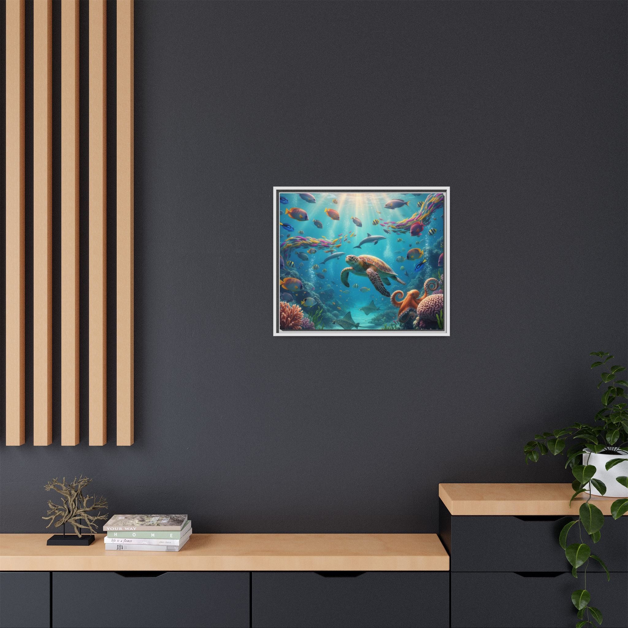 Framed Ocean Life Canvas — Colorful Sea Turtle Wall Art