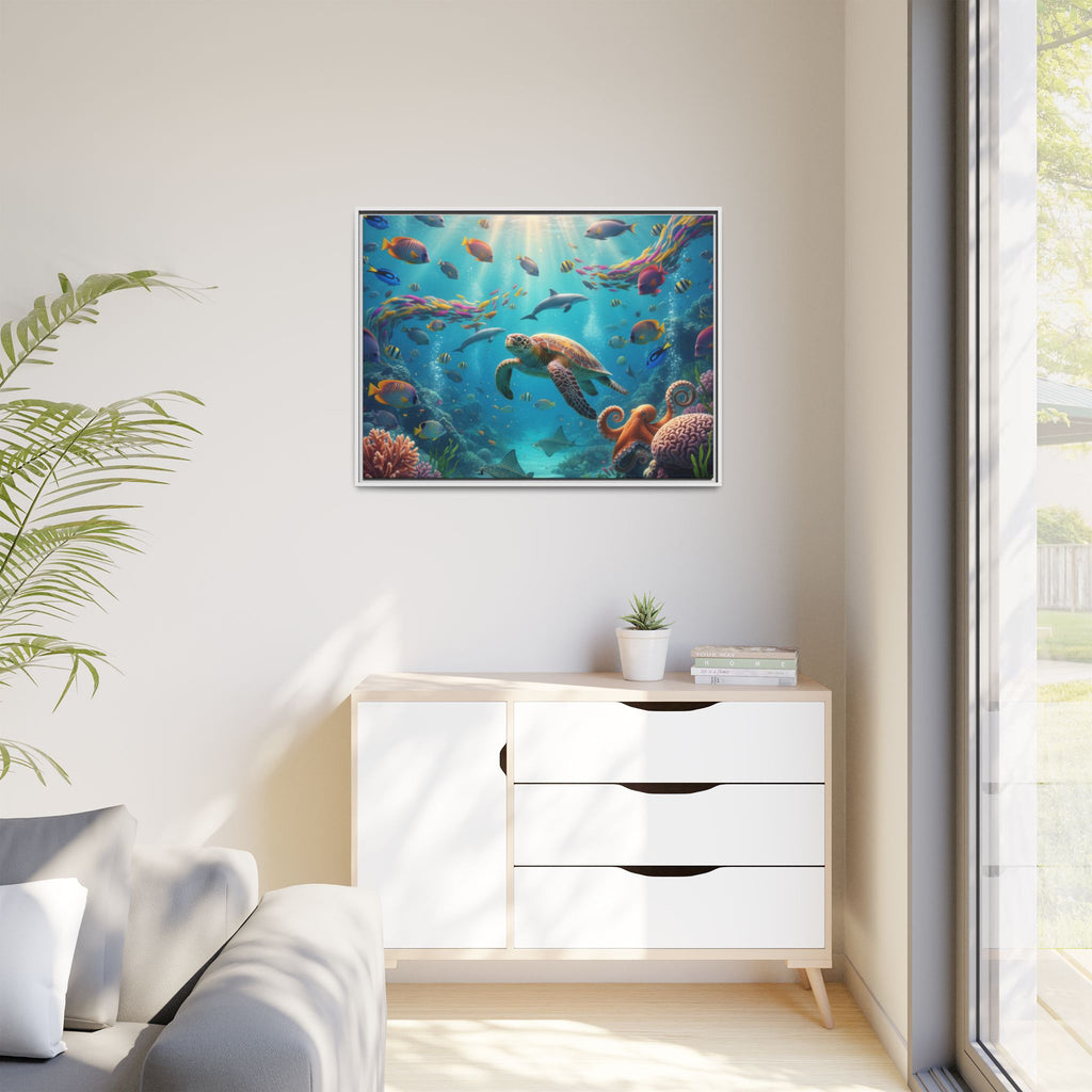 Framed Ocean Life Canvas — Colorful Sea Turtle Wall Art