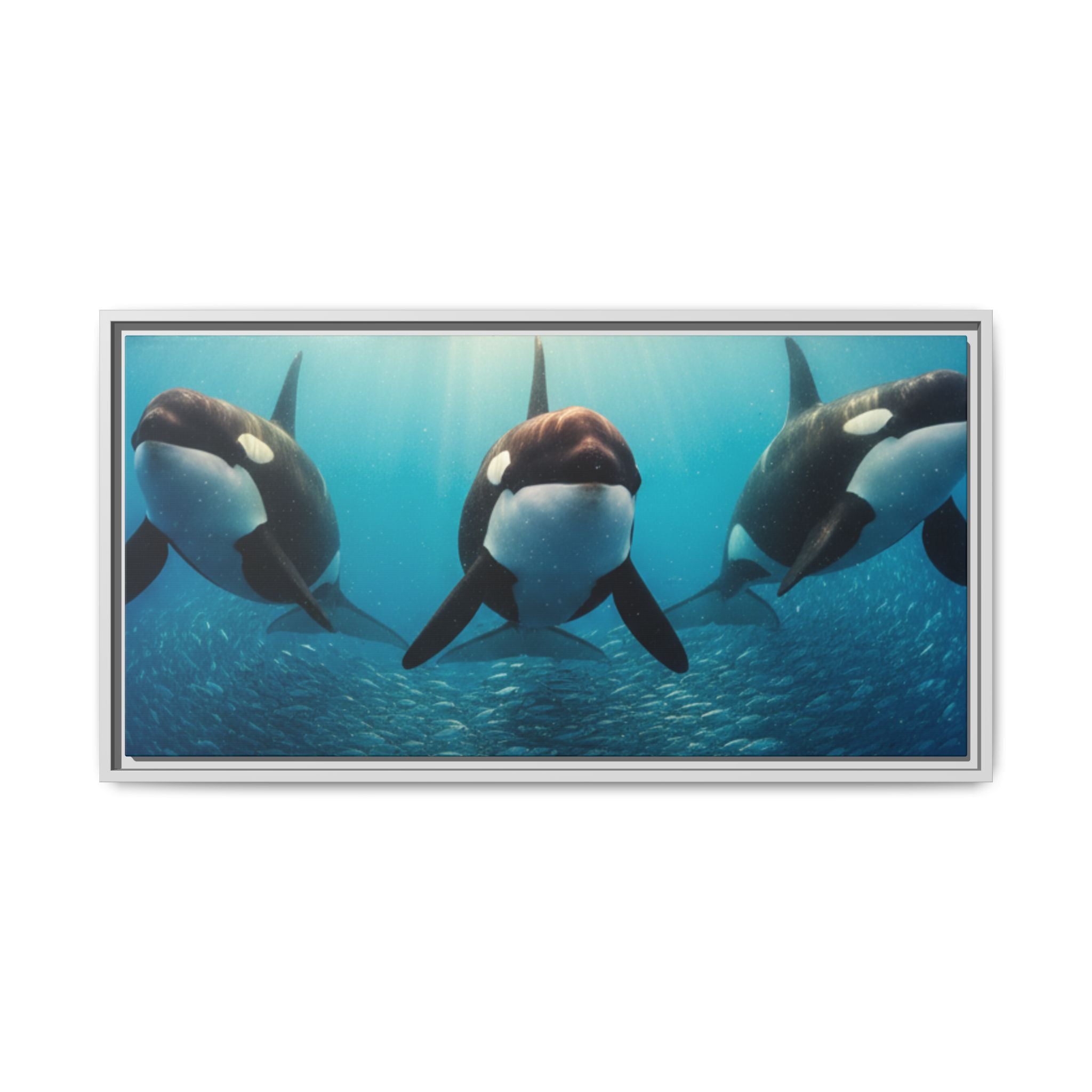 Framed Orca Canvas Print — Underwater Whale Pod Ocean Wall Art