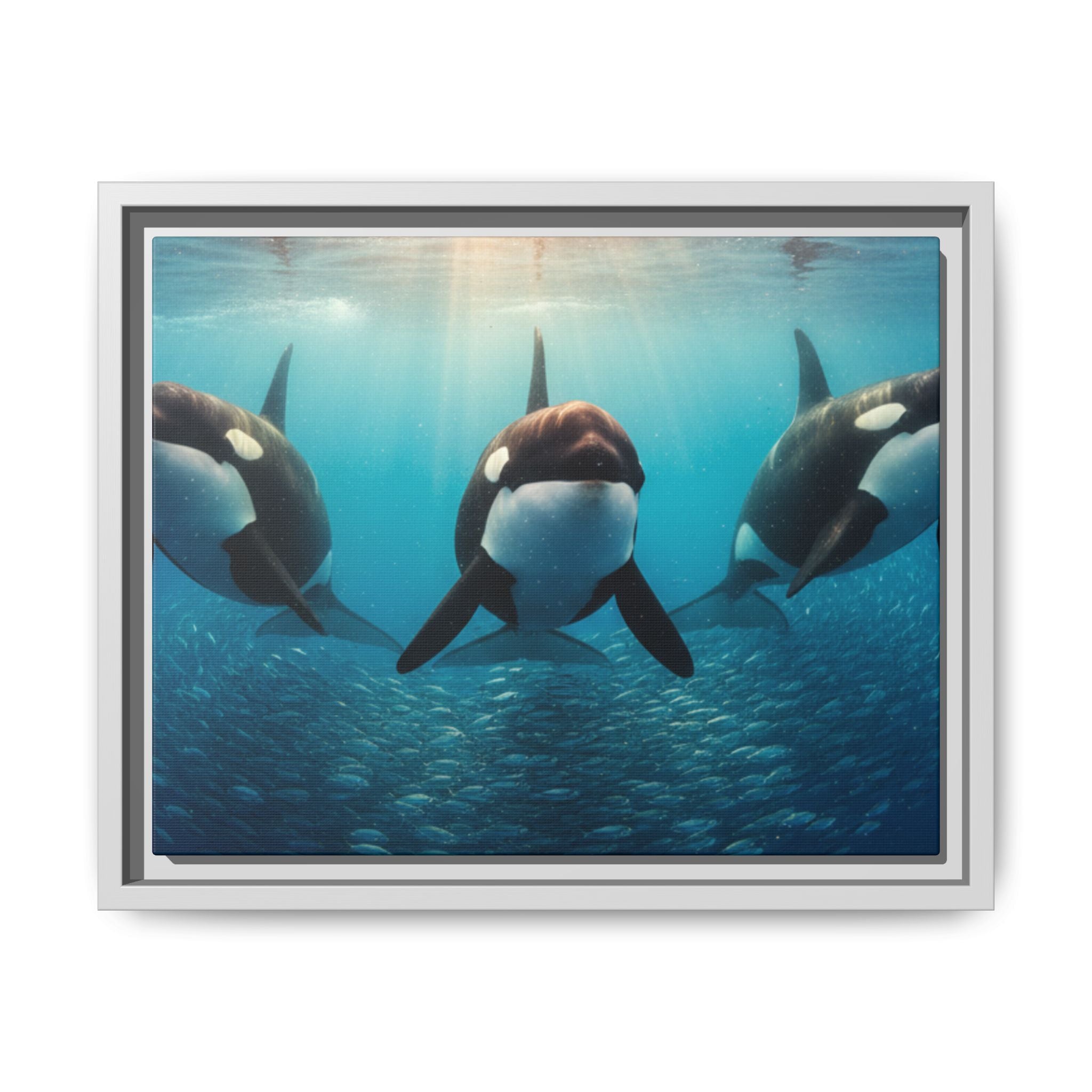 Framed Orca Canvas Print — Underwater Whale Pod Ocean Wall Art