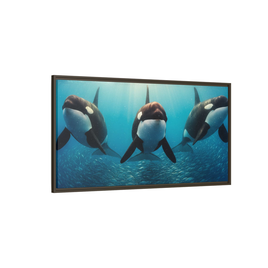 Framed Orca Canvas Print — Underwater Whale Pod Ocean Wall Art