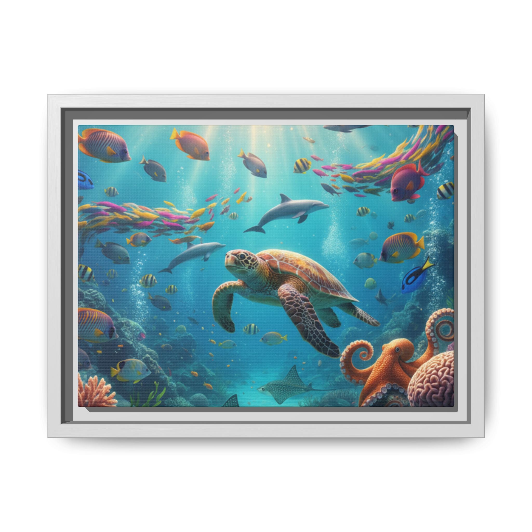 Framed Ocean Life Canvas — Colorful Sea Turtle Wall Art
