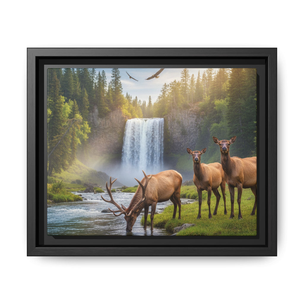 Waterfall Elk Forest Landscape Wall Art
