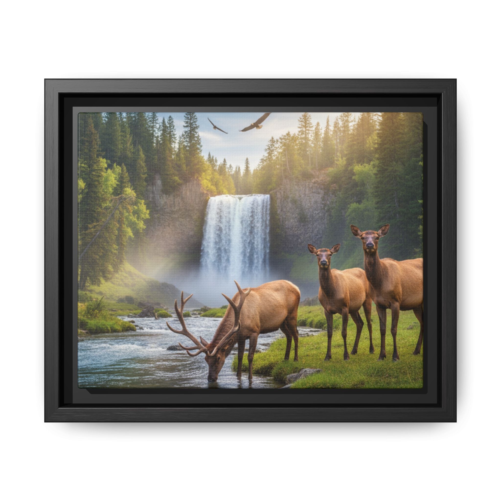 Waterfall Elk Forest Landscape Wall Art