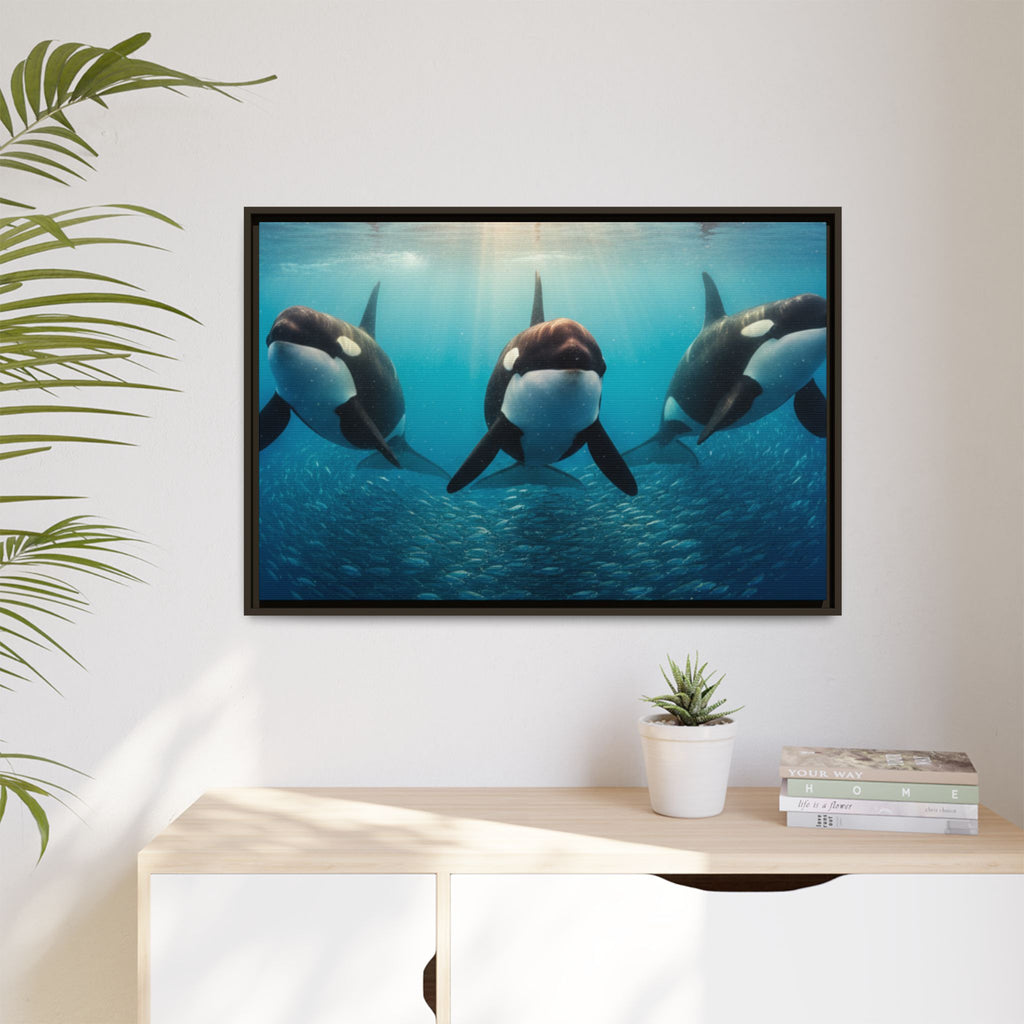 Framed Orca Canvas Print — Underwater Whale Pod Ocean Wall Art