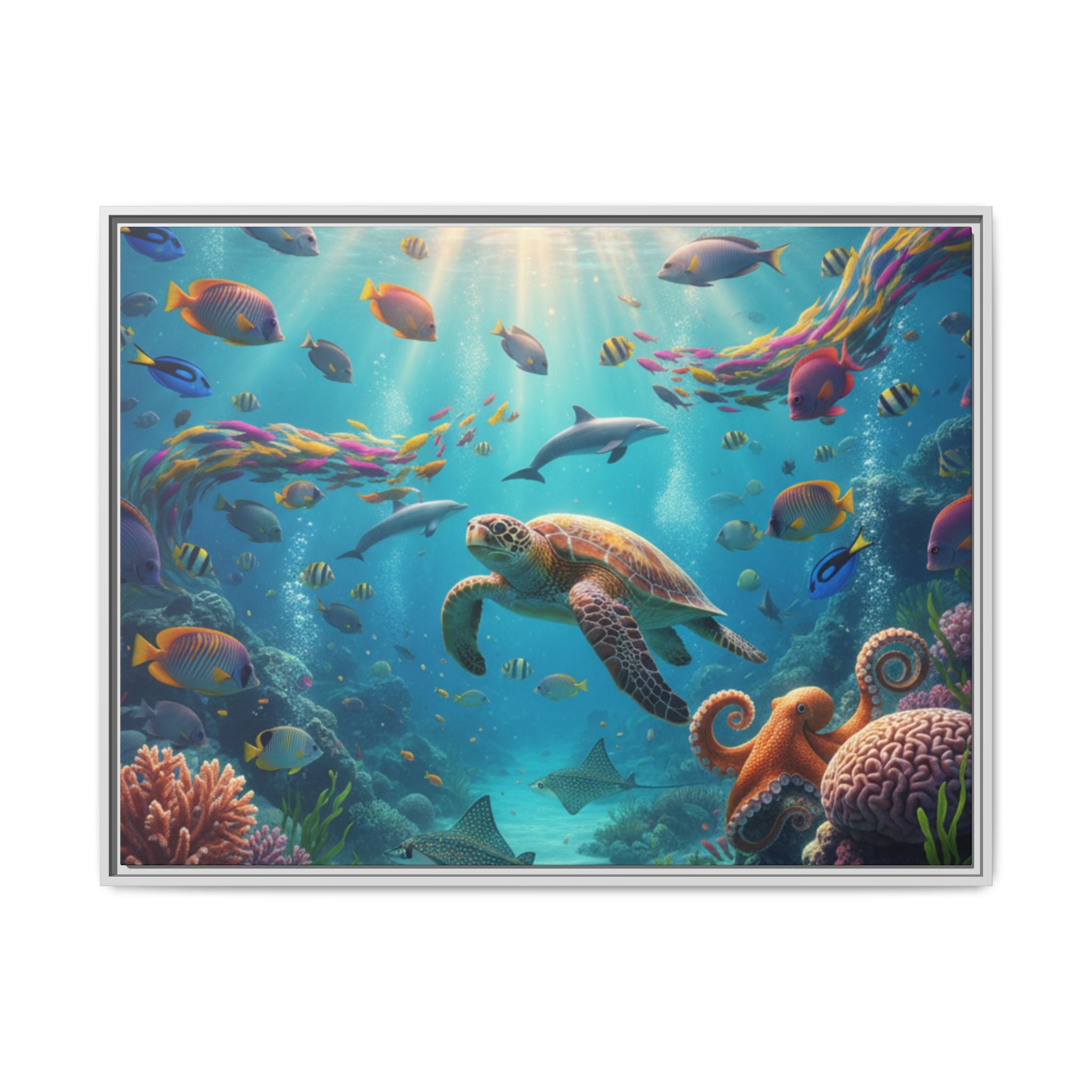 Framed Ocean Life Canvas — Colorful Sea Turtle Wall Art