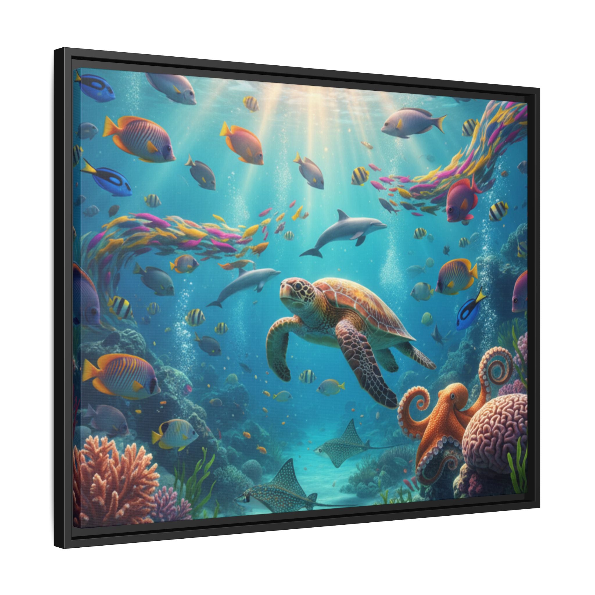 Framed Ocean Life Canvas — Colorful Sea Turtle Wall Art
