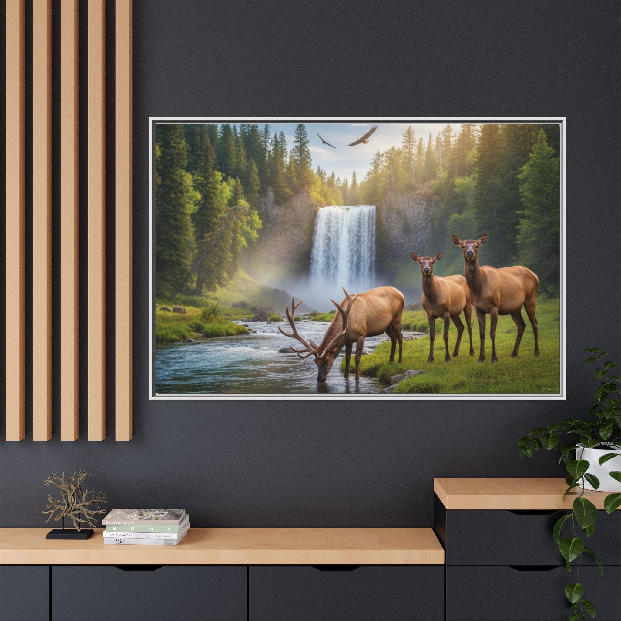 Waterfall Elk Forest Landscape Wall Art