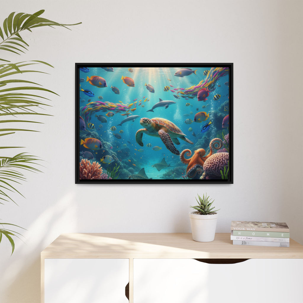 Framed Ocean Life Canvas — Colorful Sea Turtle Wall Art