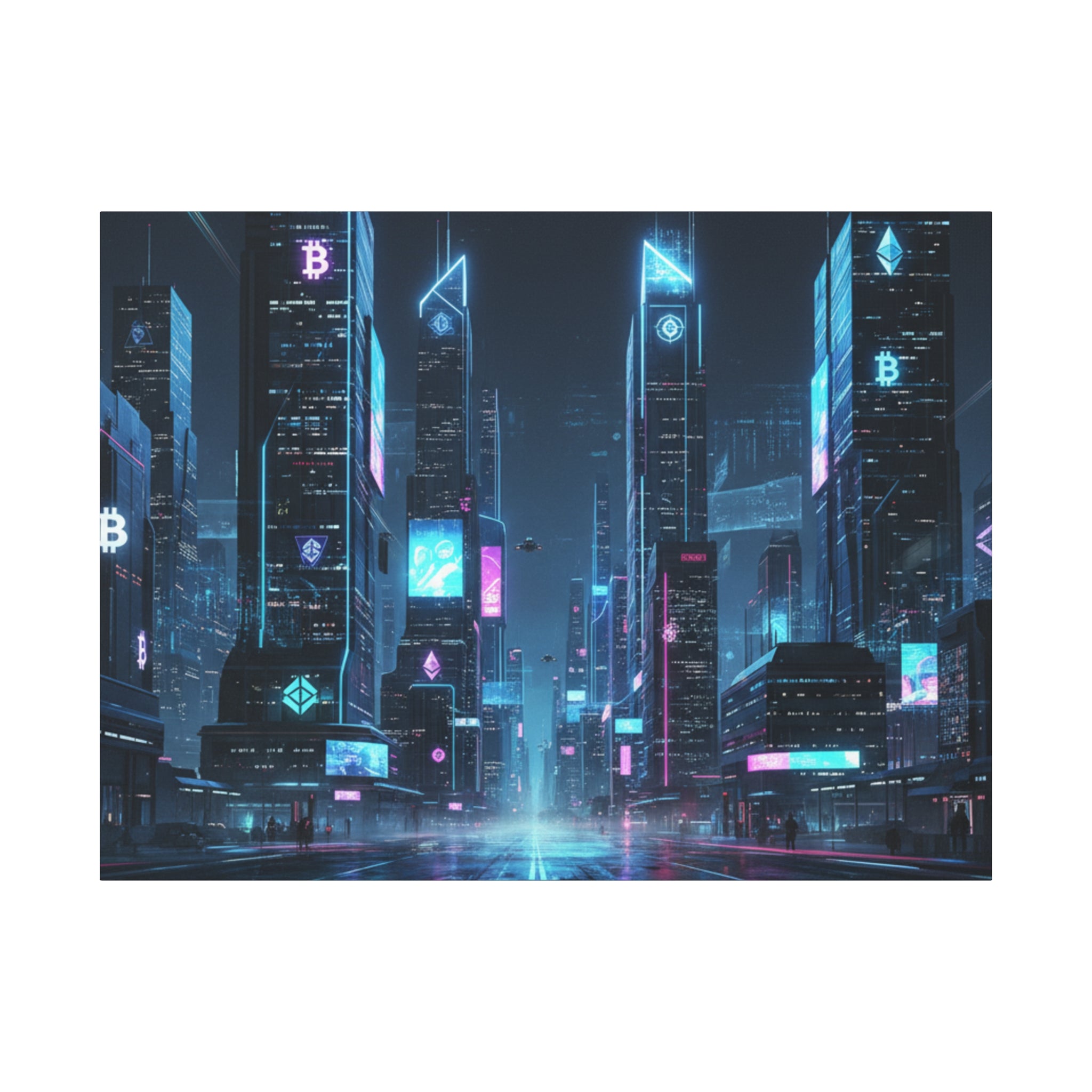 Cyberpunk Crypto Cityscape Canvas Print — Futuristic Neon Skyline Wall Art