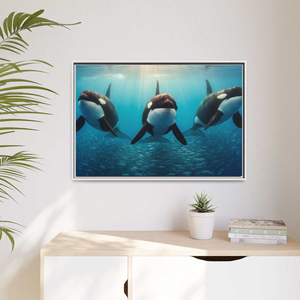 Framed Orca Canvas Print — Underwater Whale Pod Ocean Wall Art
