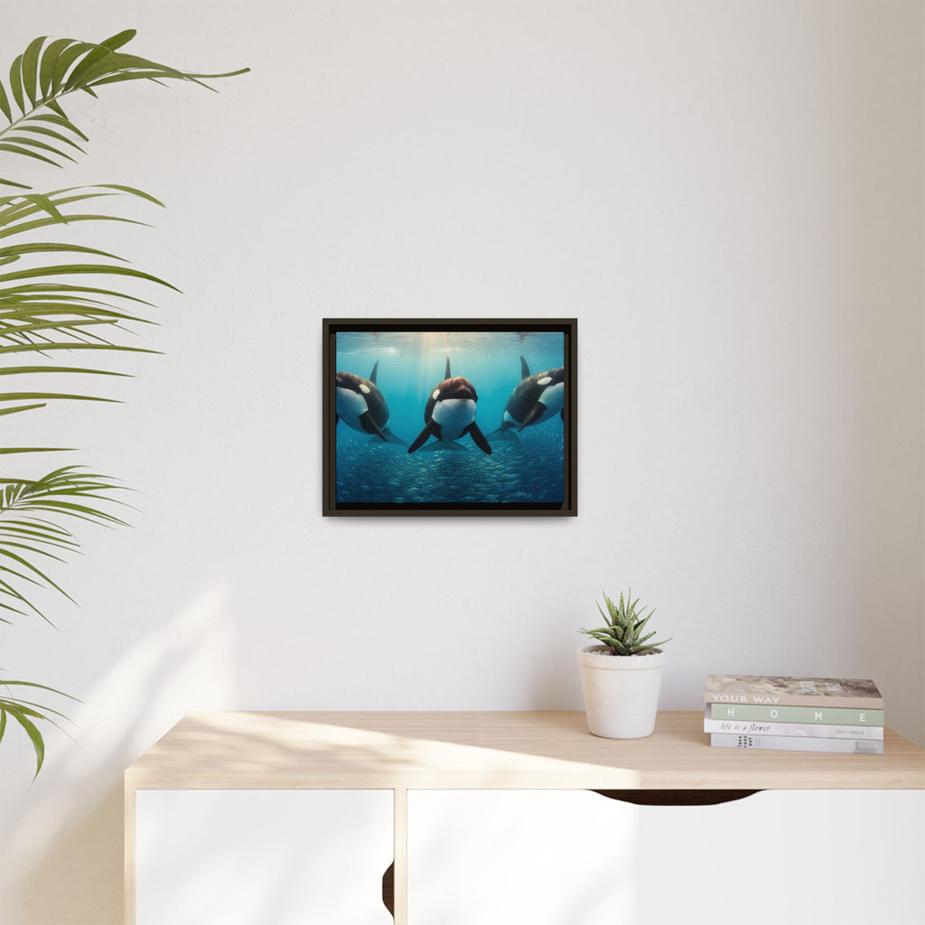 Framed Orca Canvas Print — Underwater Whale Pod Ocean Wall Art