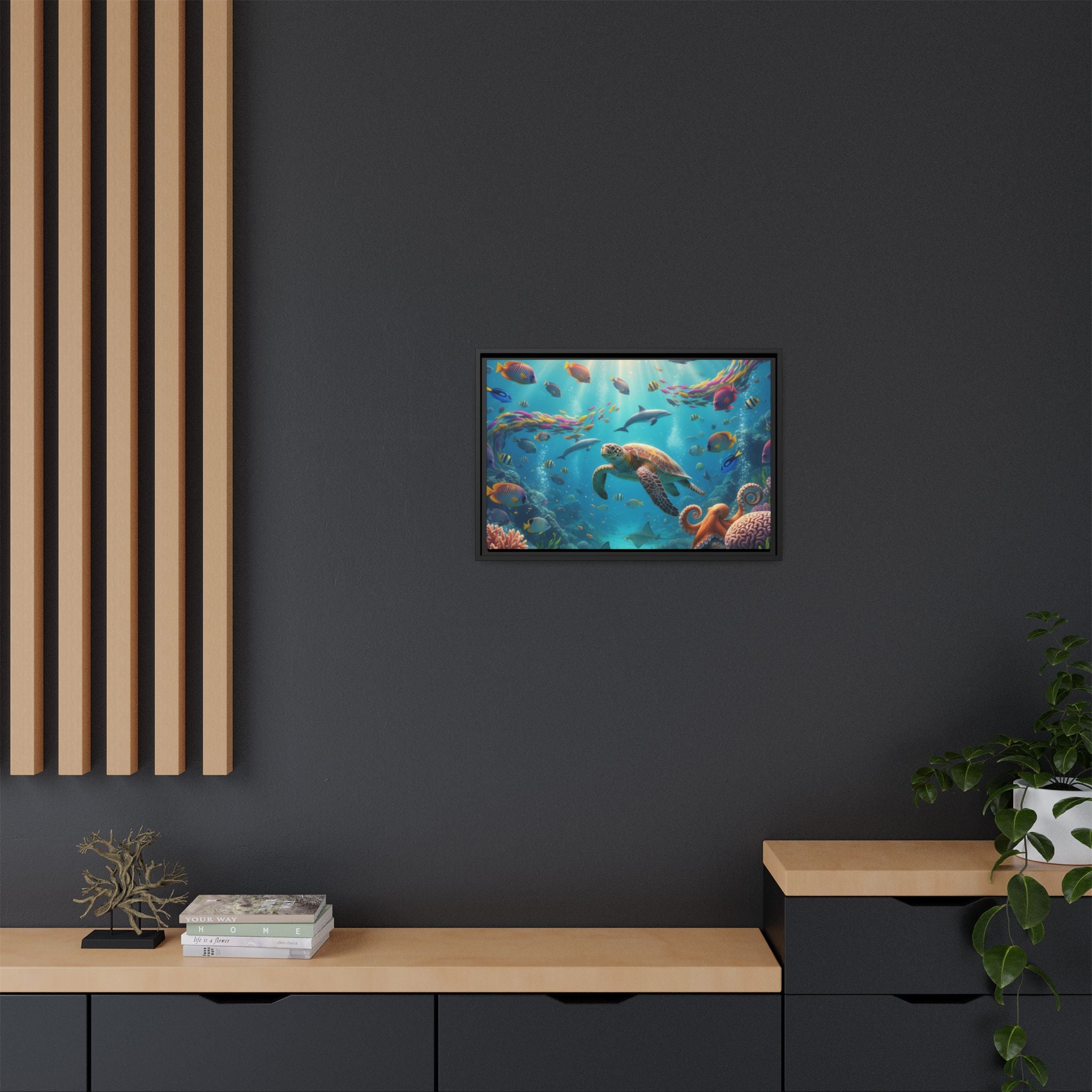 Framed Ocean Life Canvas — Colorful Sea Turtle Wall Art