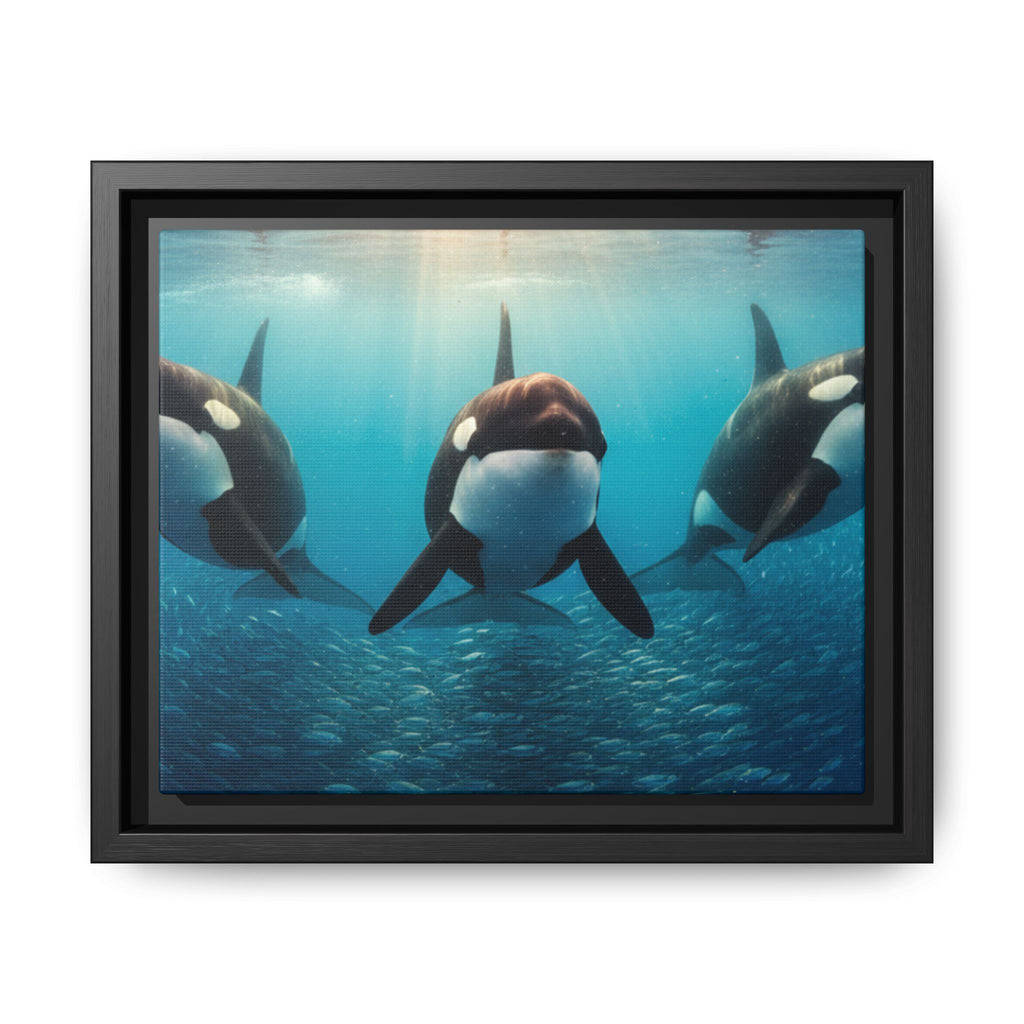 Framed Orca Canvas Print — Underwater Whale Pod Ocean Wall Art