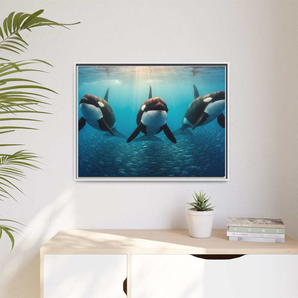 Framed Orca Canvas Print — Underwater Whale Pod Ocean Wall Art
