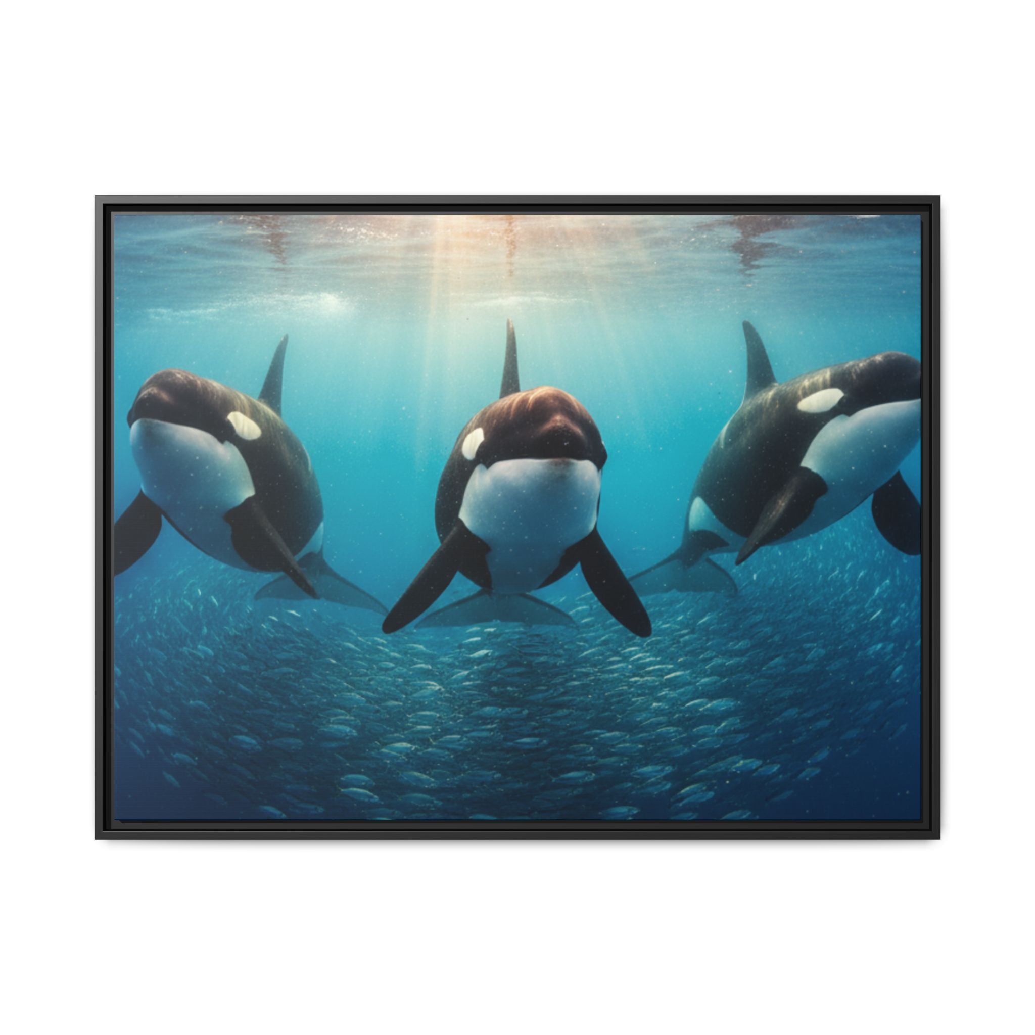 Framed Orca Canvas Print — Underwater Whale Pod Ocean Wall Art