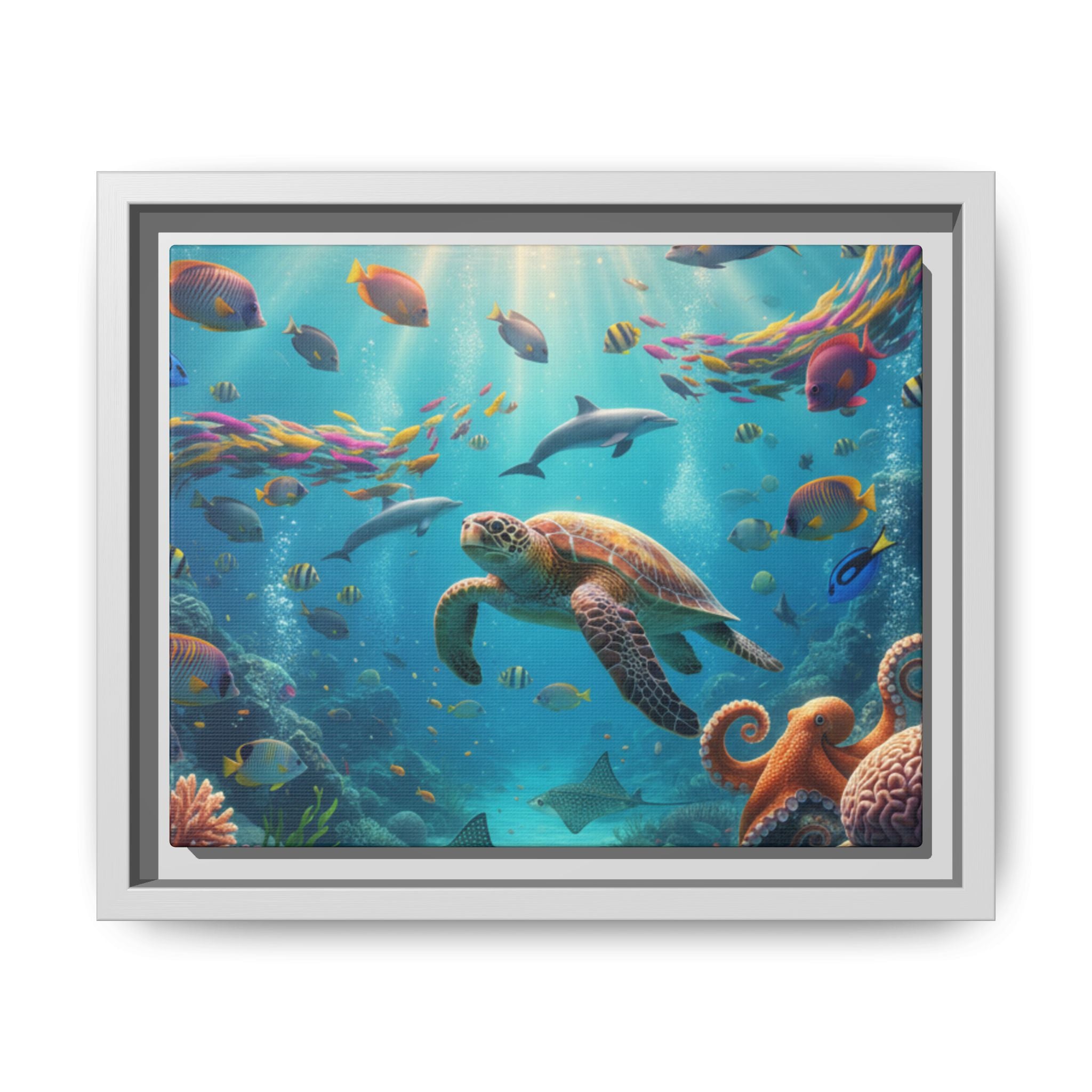 Framed Ocean Life Canvas — Colorful Sea Turtle Wall Art