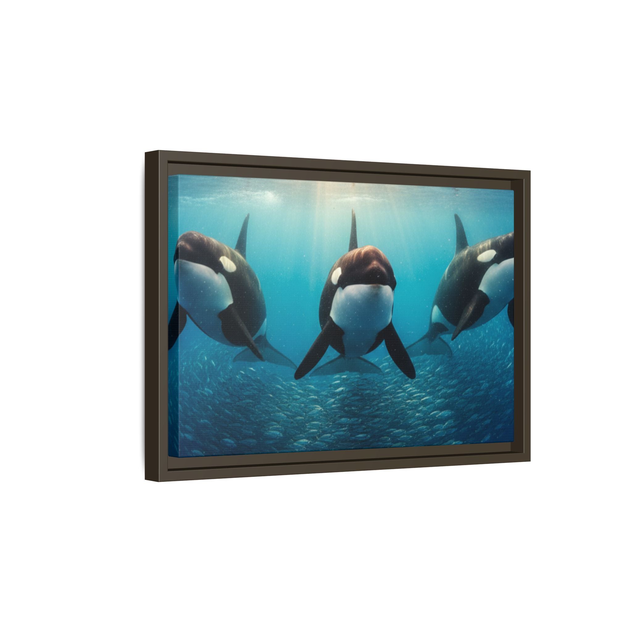 Framed Orca Canvas Print — Underwater Whale Pod Ocean Wall Art