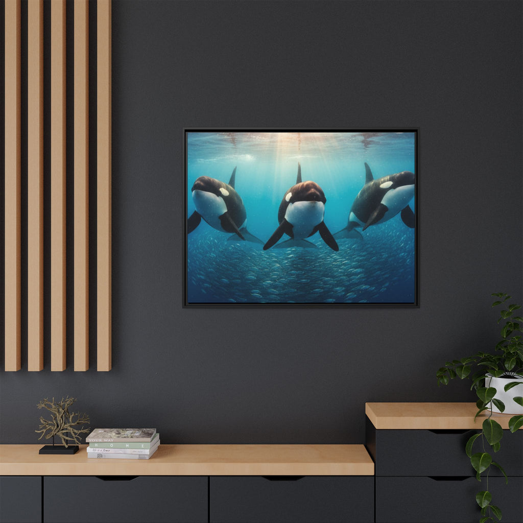Framed Orca Canvas Print — Underwater Whale Pod Ocean Wall Art