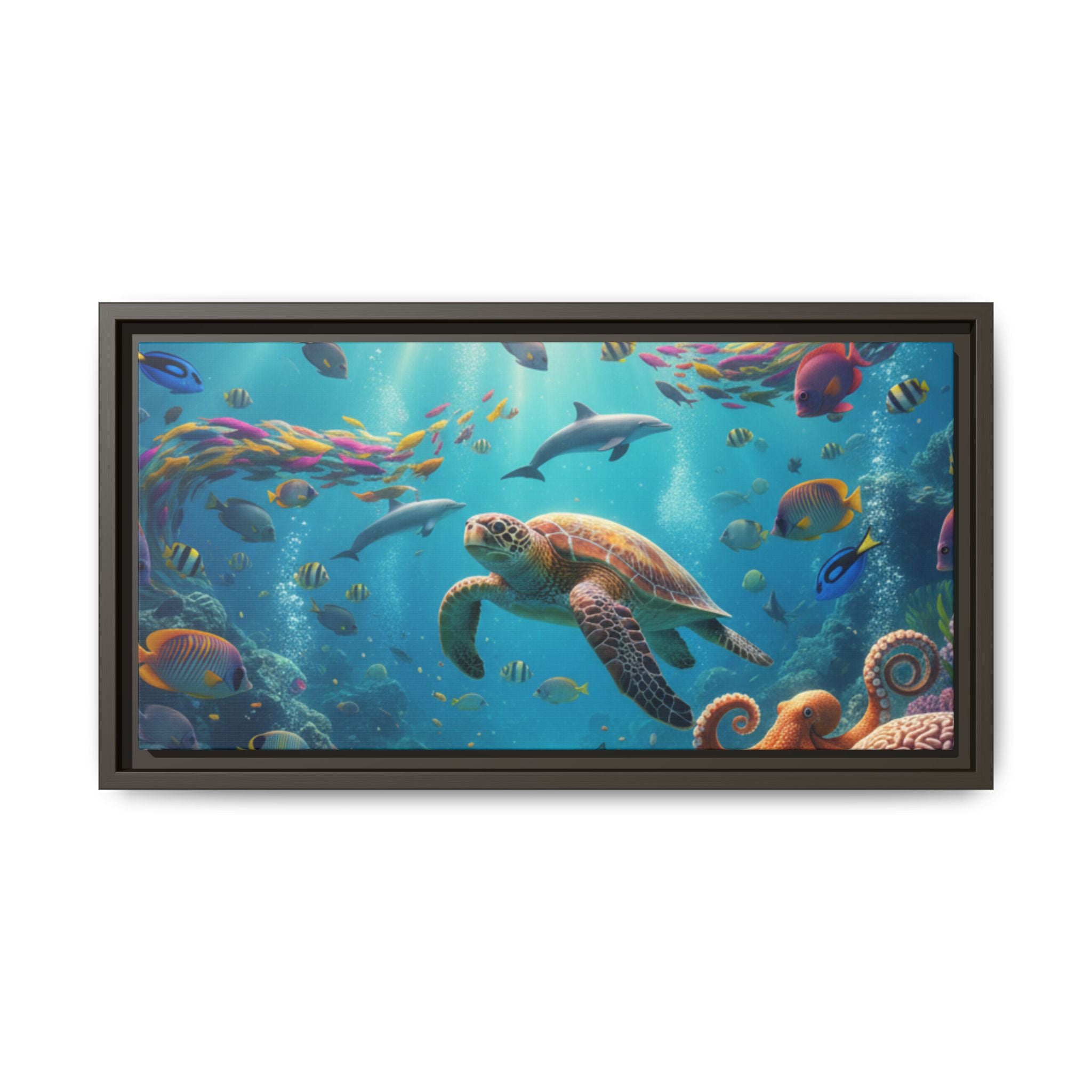 Framed Ocean Life Canvas — Colorful Sea Turtle Wall Art