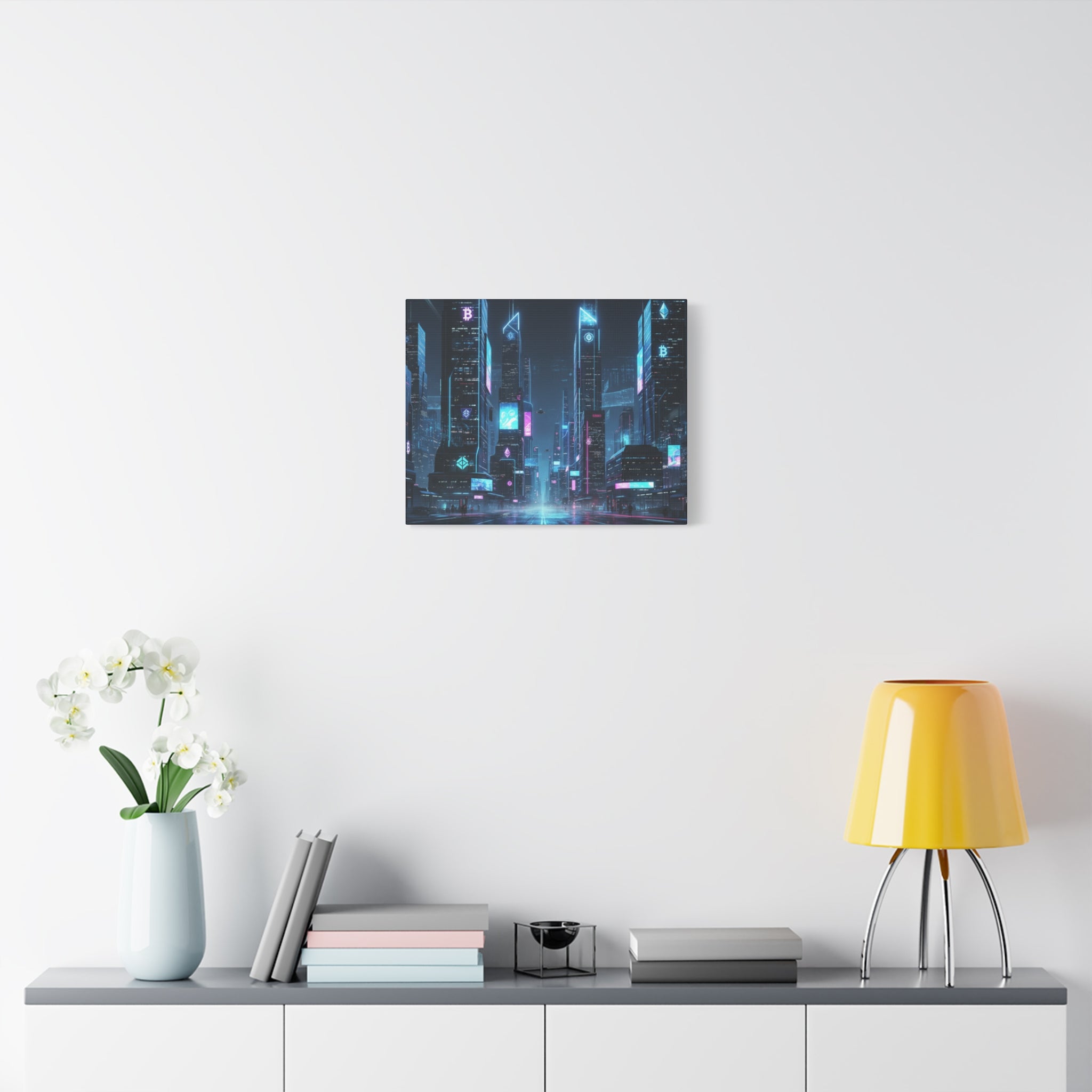 Cyberpunk Crypto Cityscape Canvas Print — Futuristic Neon Skyline Wall Art
