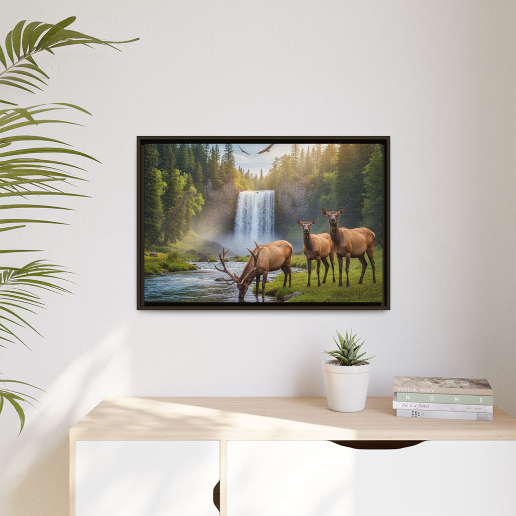 Waterfall Elk Forest Landscape Wall Art