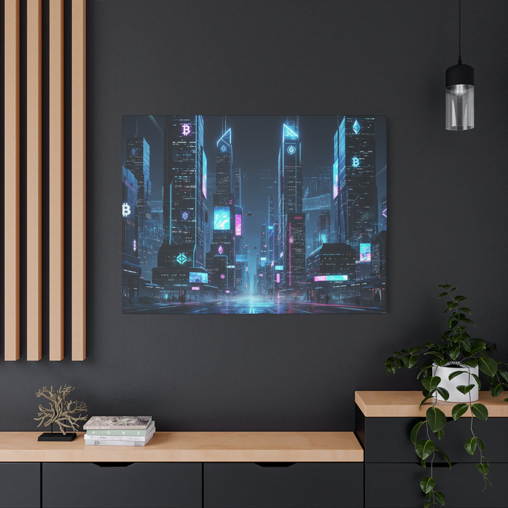 Cyberpunk Crypto Cityscape Canvas Print — Futuristic Neon Skyline Wall Art